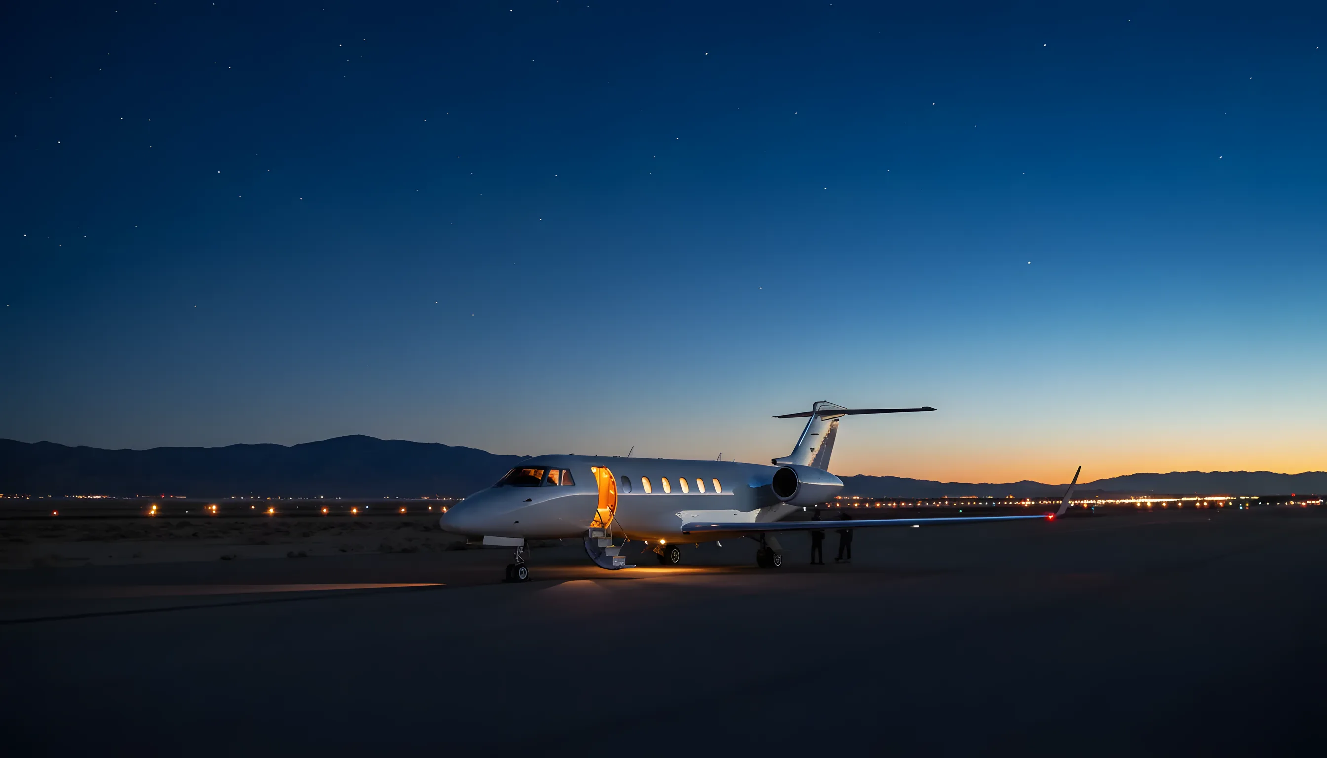 A private jet on an airport runway at dusk, with desert mountains in the background.