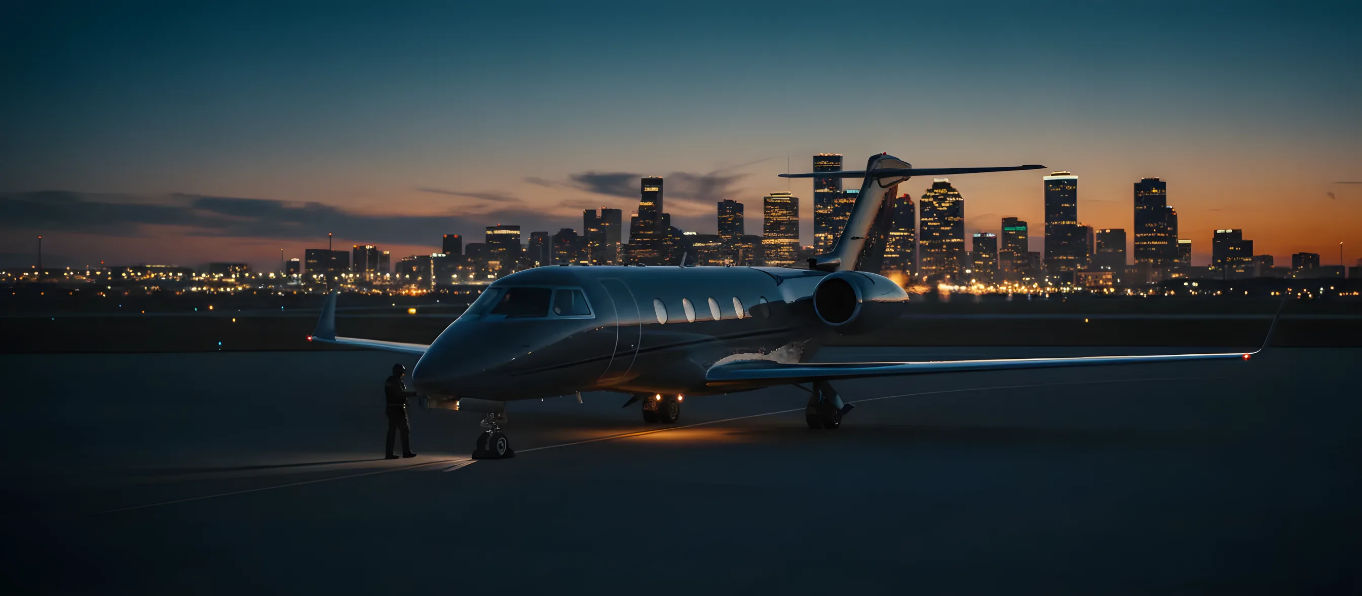 A private jet on an airport tarmac at dusk, with the glowing Houston skyline in the background.