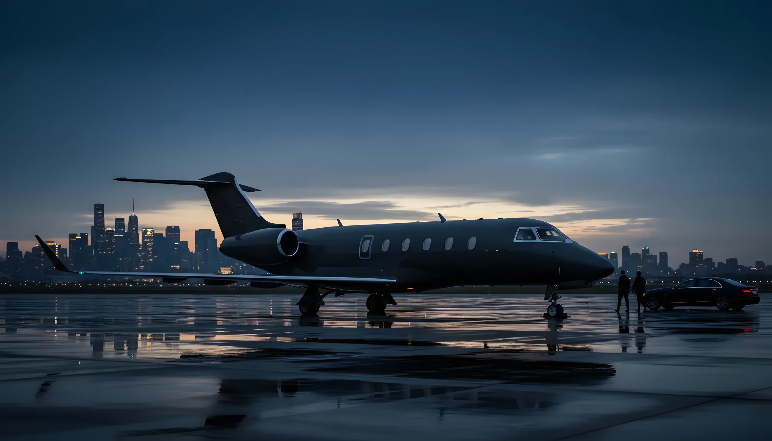A private jet on an airport tarmac at dusk, with a glowing city skyline in the distance.