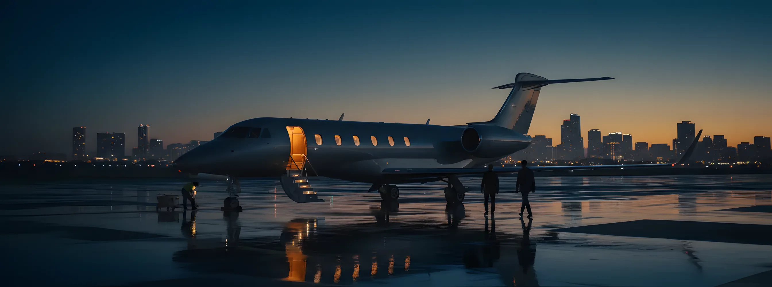 A private jet on an airport tarmac at dusk, with the warm glow of city lights in the distance.