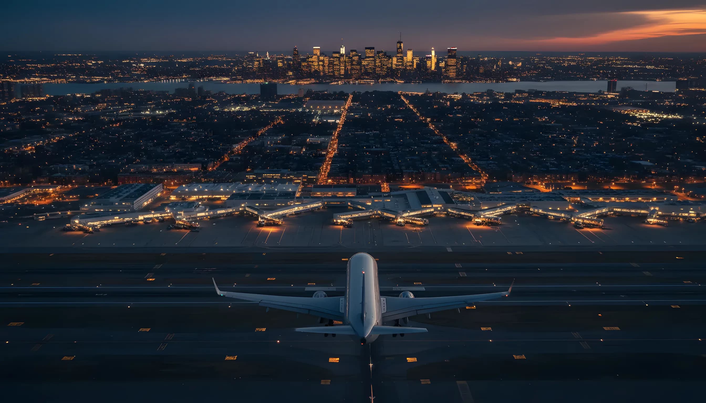 A passenger jet approaches an airport at dusk, with the distant Manhattan skyline glowing on the horizon.