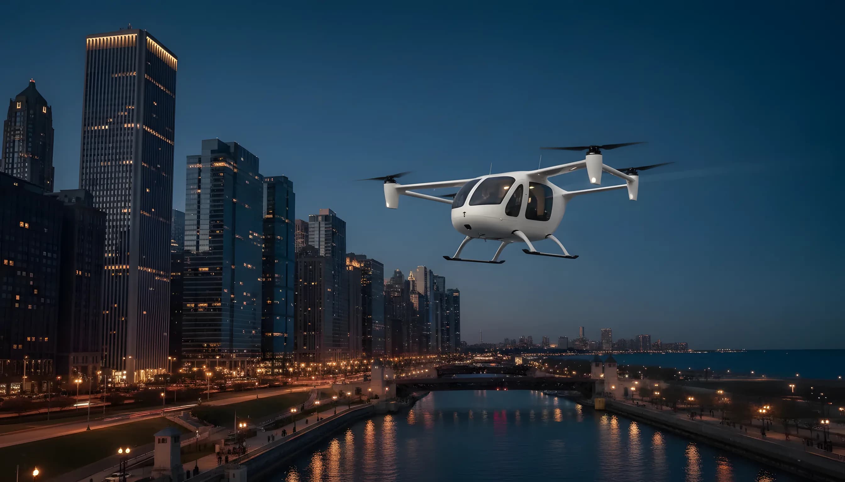 A futuristic personal air taxi flies over a glowing city skyline at twilight.