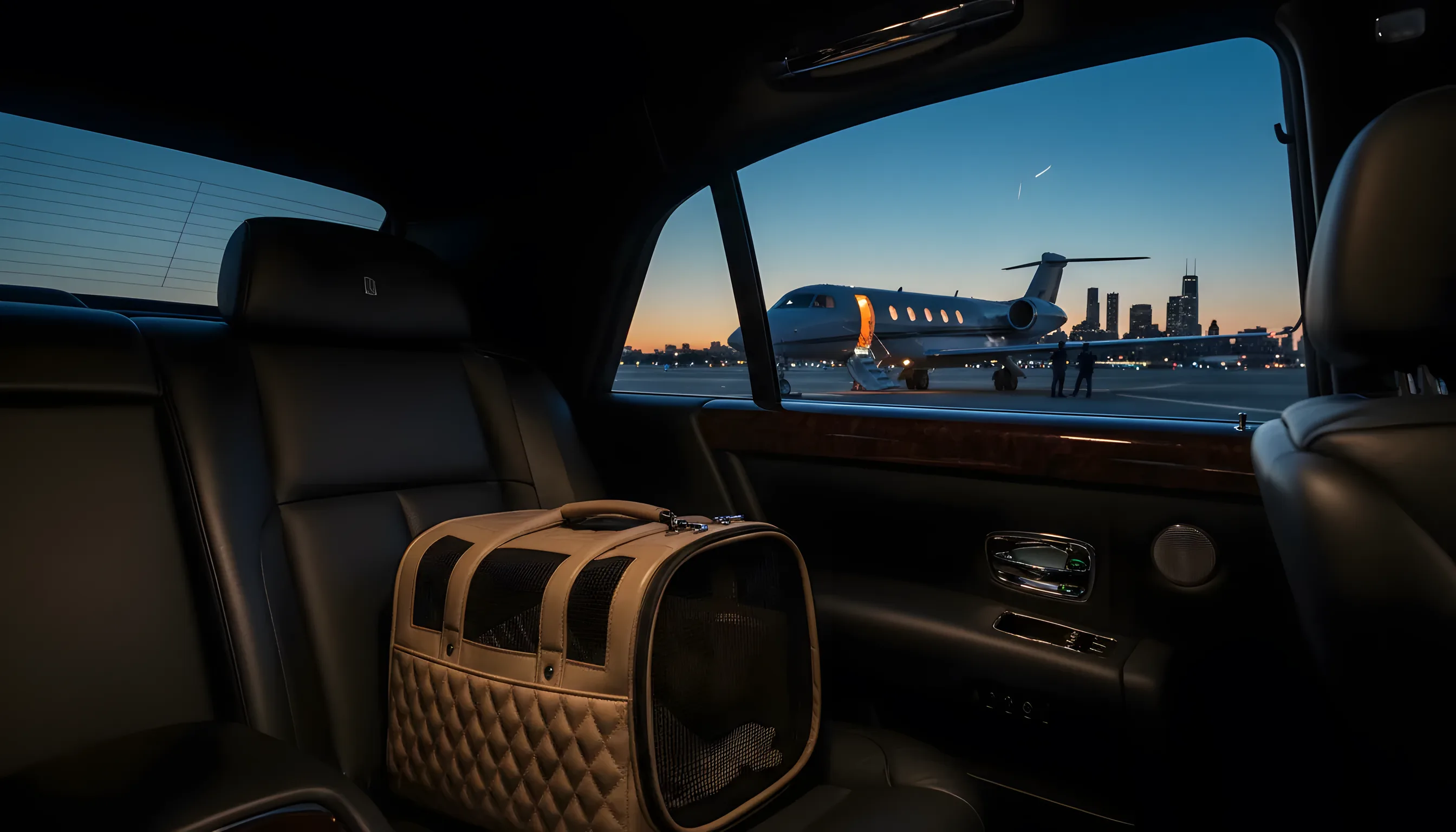 A pet carrier inside a car with a private jet and the New York skyline visible through the window at dusk.