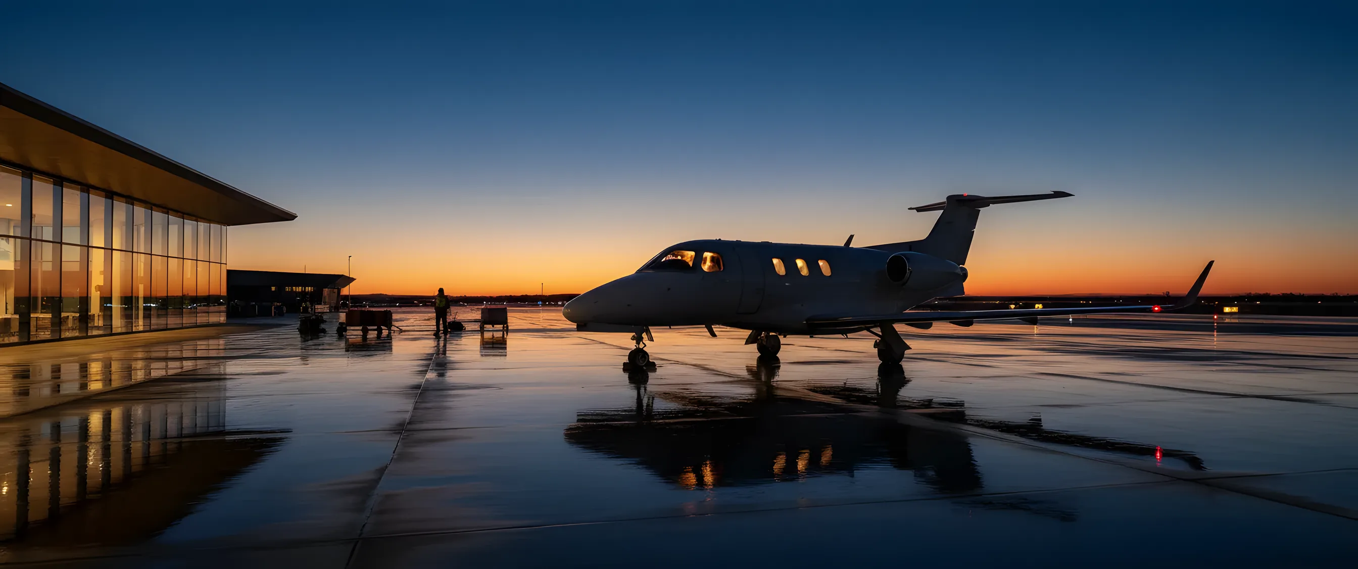 A light private jet on an airport tarmac at dusk, with warm light glowing from its windows and a nearby terminal.