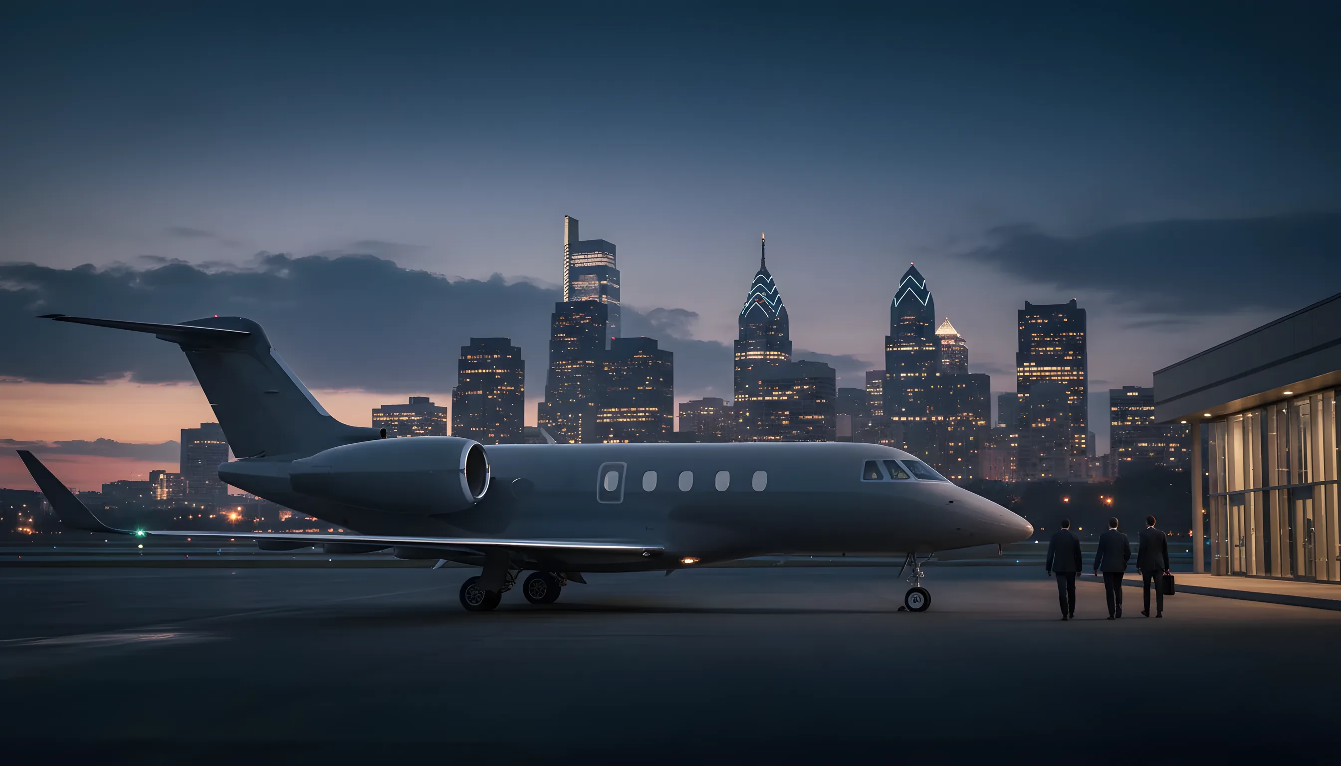 A private jet on an airfield at dusk with the Philadelphia skyline in the distance.