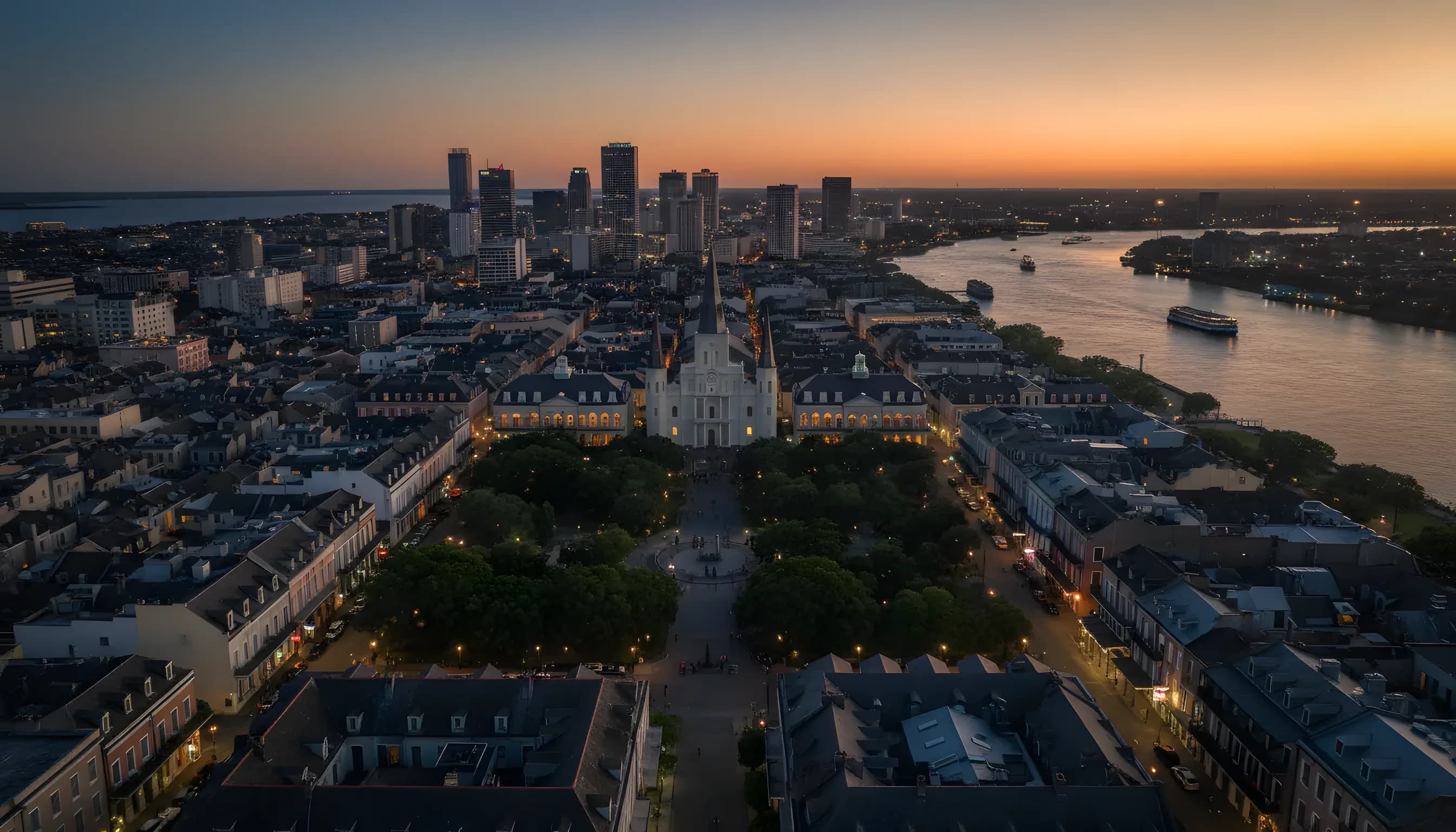 Aerial view of the French Quarter, St. Louis Cathedral and the Mississippi River in New Orleans at blue hour.