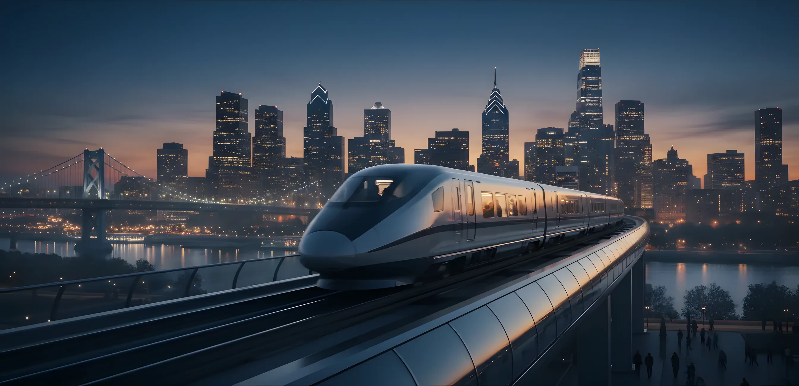 A train speeding past the Philadelphia skyline at dusk.