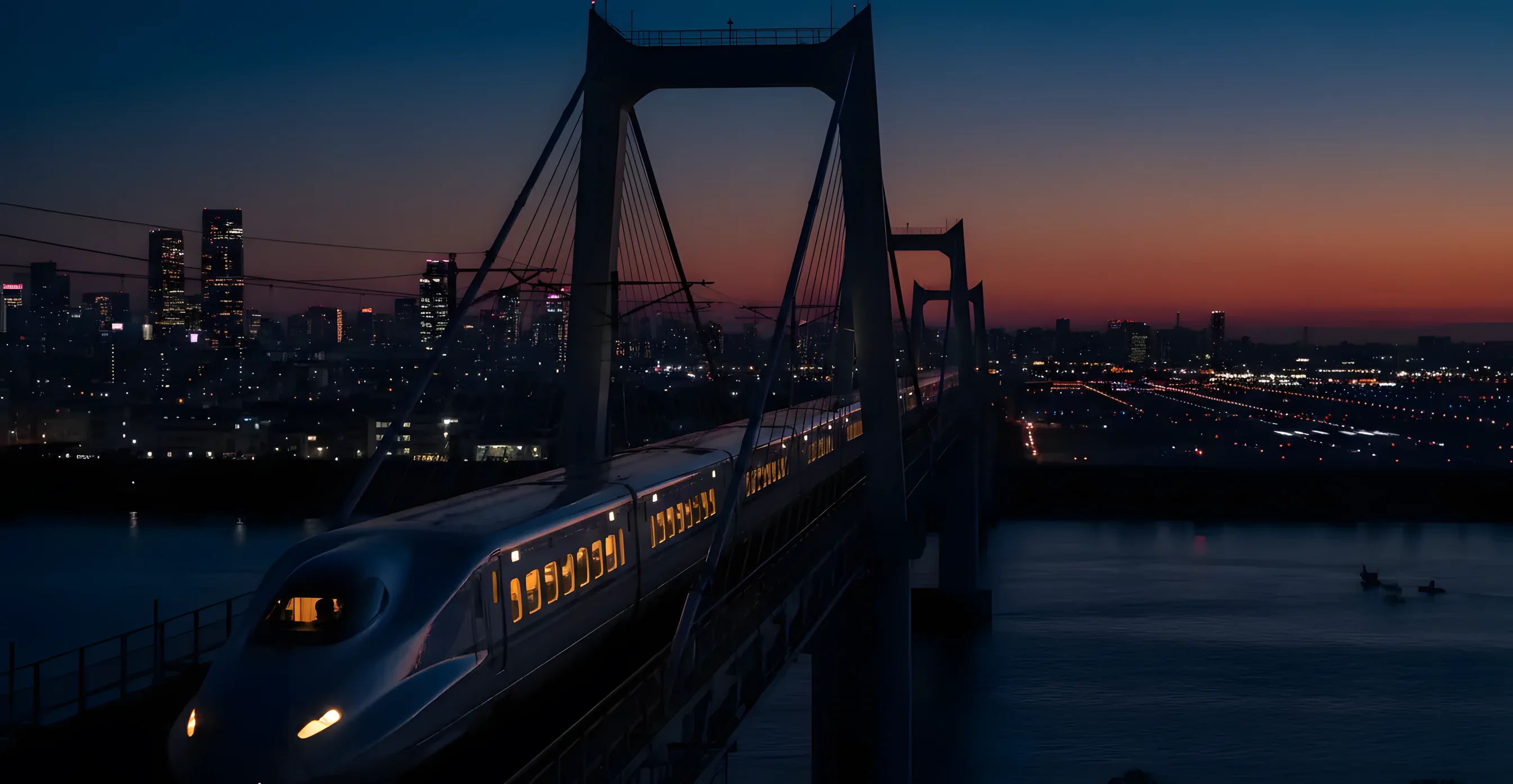 A modern train crosses a bridge at dusk, with a city skyline and an airport visible in the background.