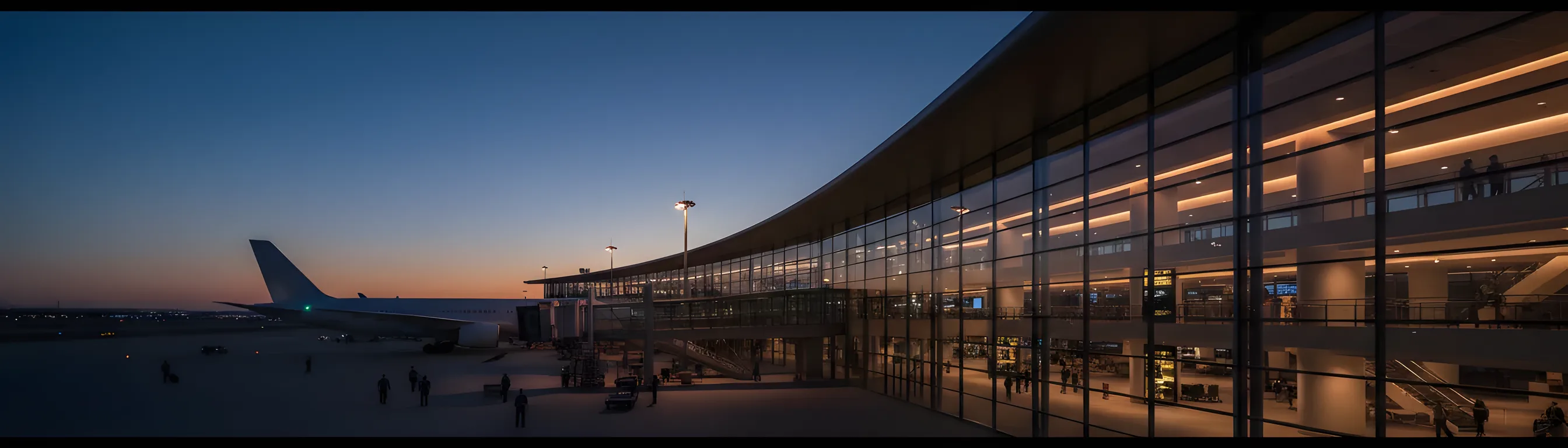 Exterior of a modern airport terminal at dusk with a large passenger jet visible through the glass.