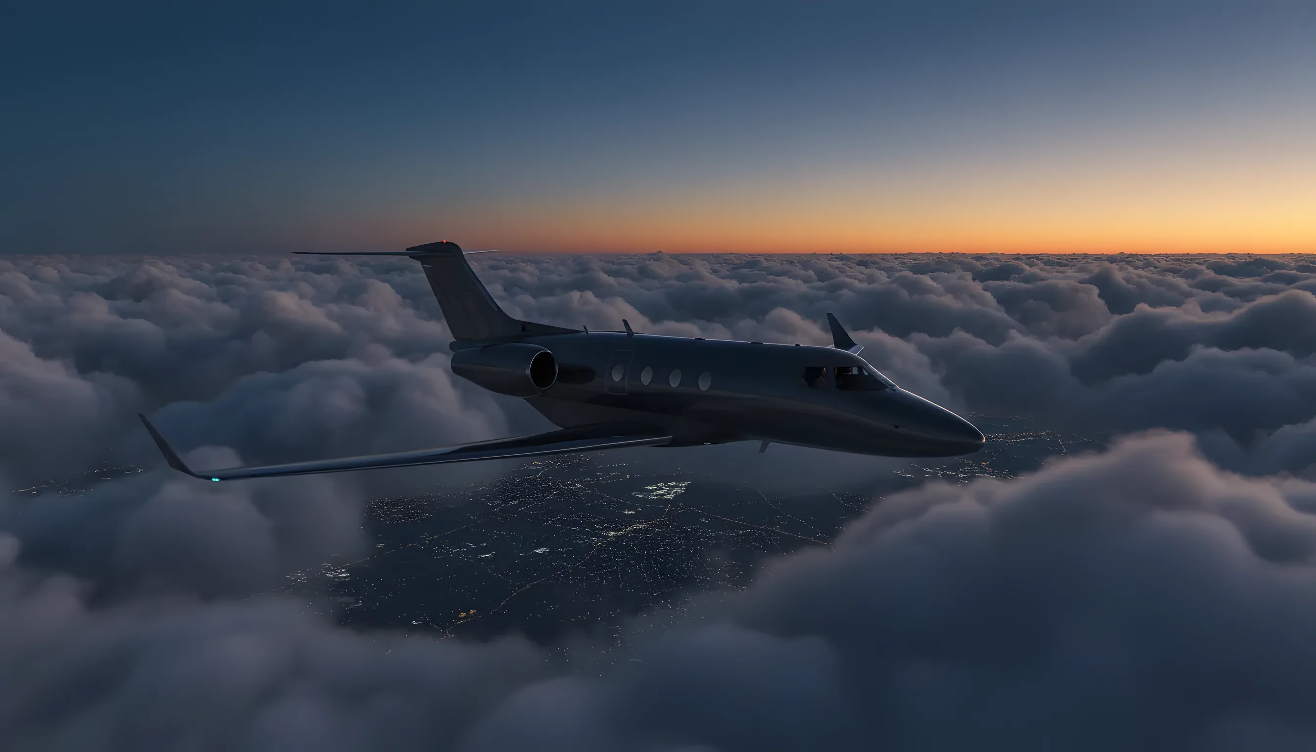 A private jet flies high above the clouds at twilight.