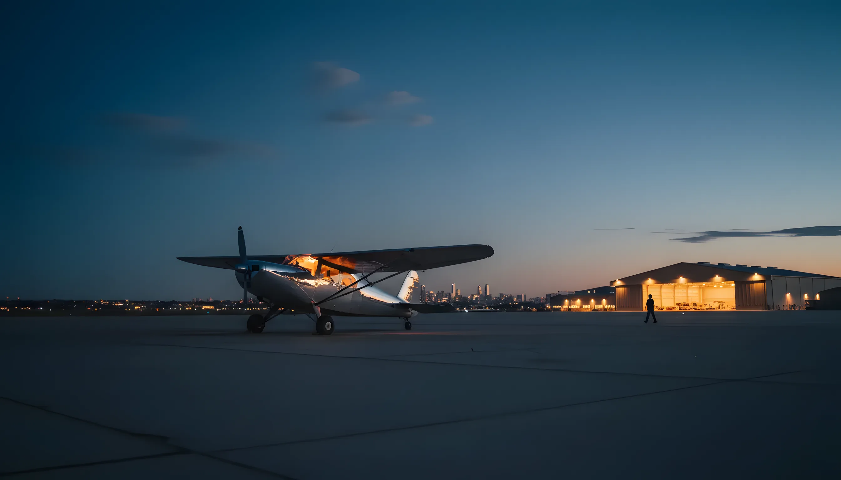 A small propeller plane on an airfield at dusk, with city lights in the background.
