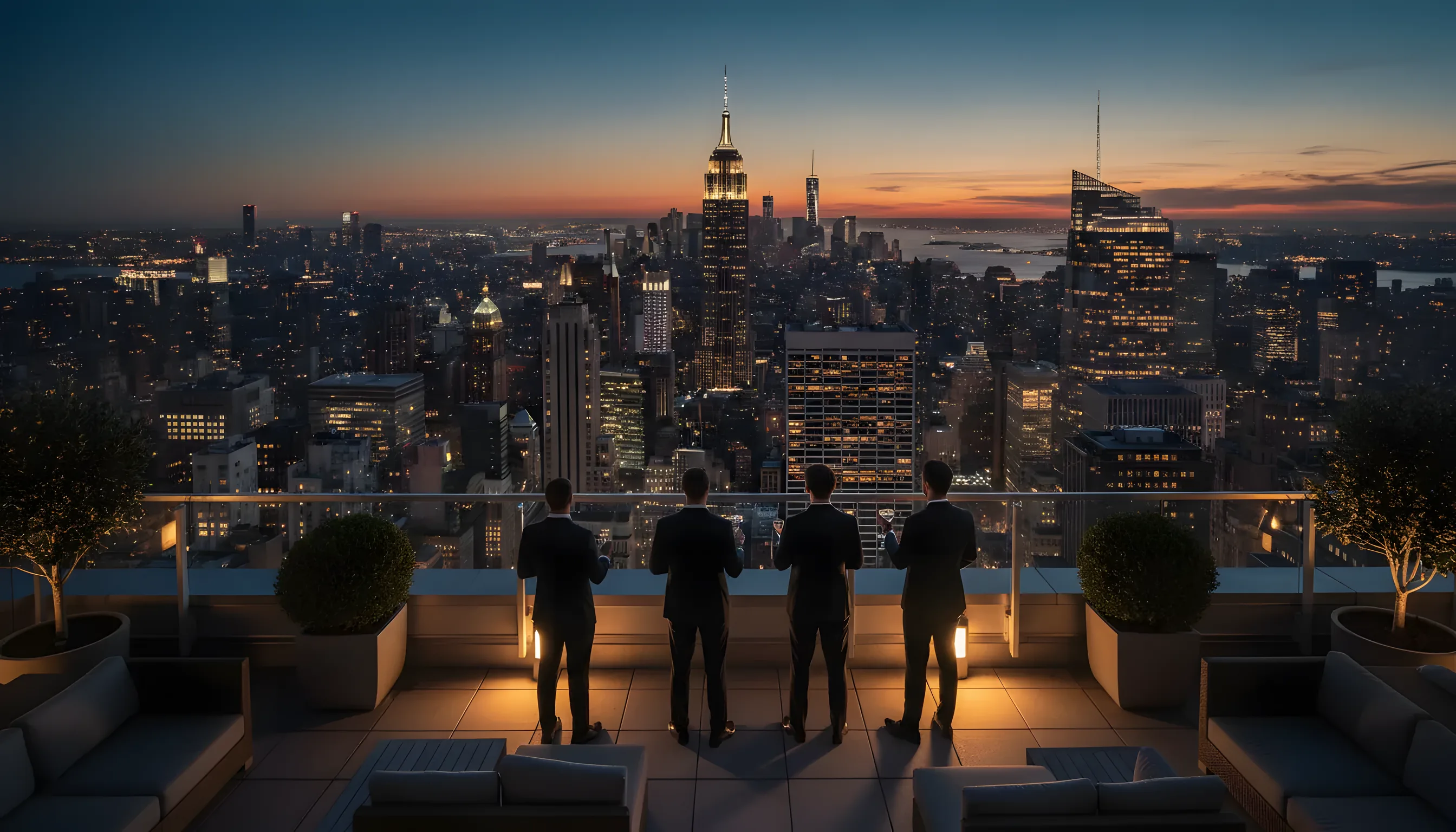 A group of men on a rooftop bar at twilight, with the illuminated New York City skyline in the background.