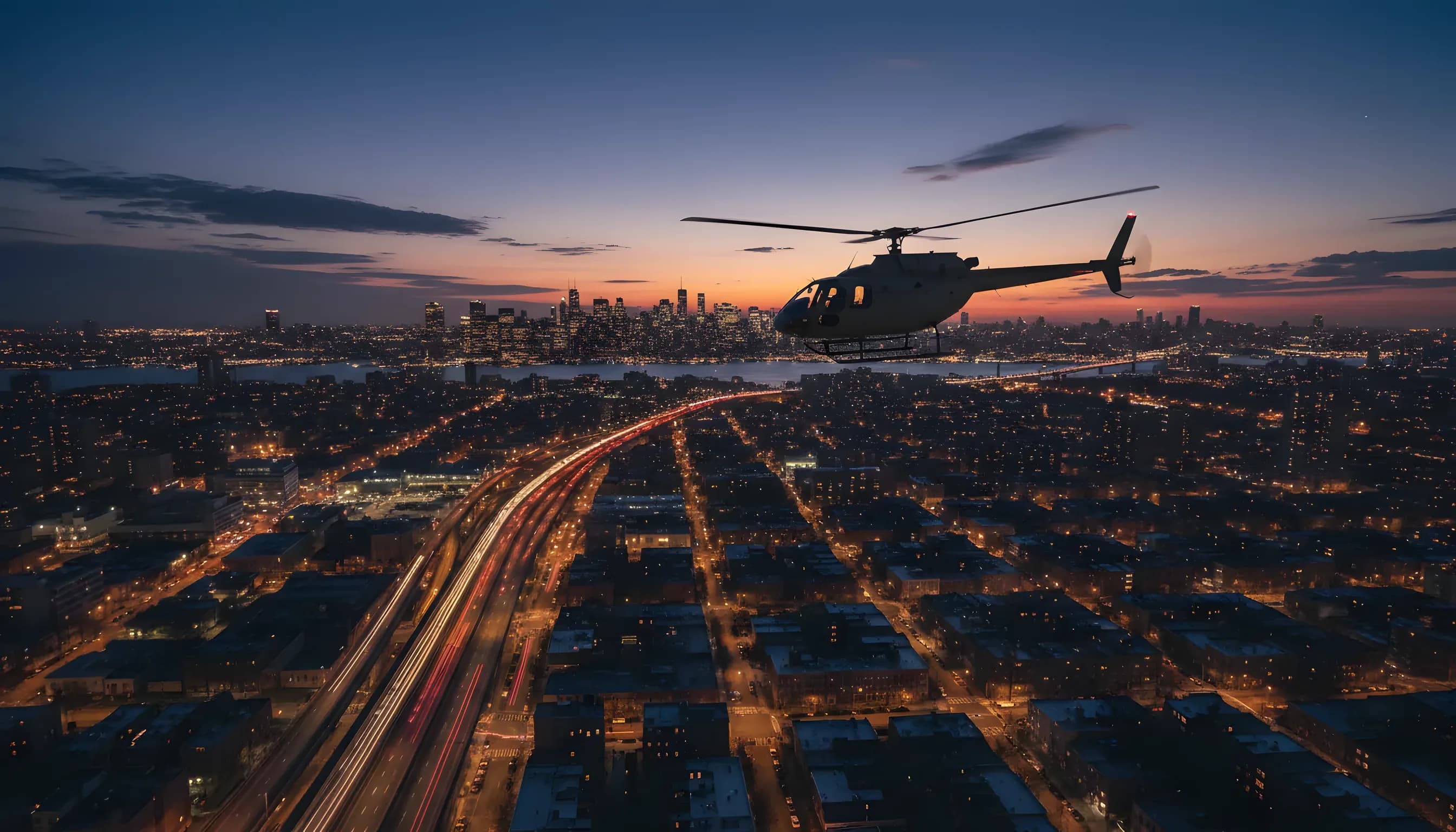 An aerial view of a helicopter flying towards the Manhattan skyline at dusk.