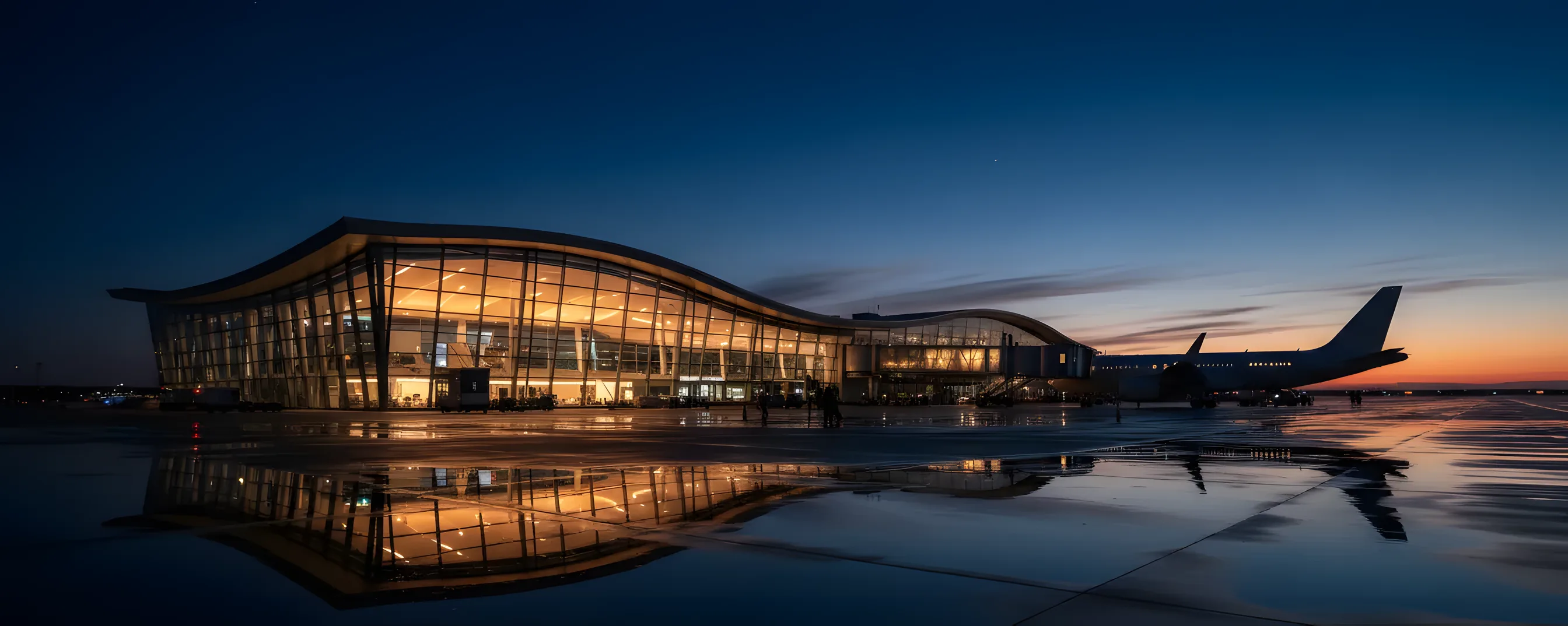 A modern airport terminal at dusk, with warm lights glowing from inside and an airplane parked at the gate.