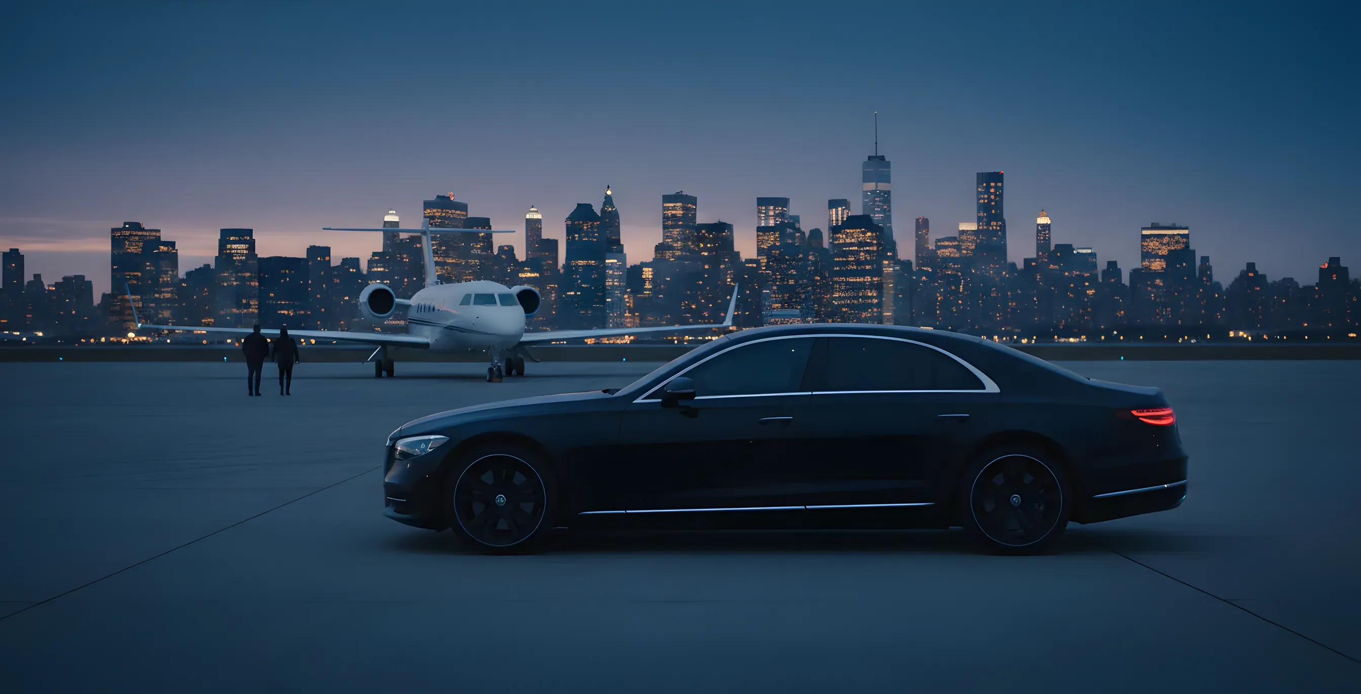 A luxury sedan awaits on an airport tarmac at dusk, with a private jet and the New York City skyline in the background.