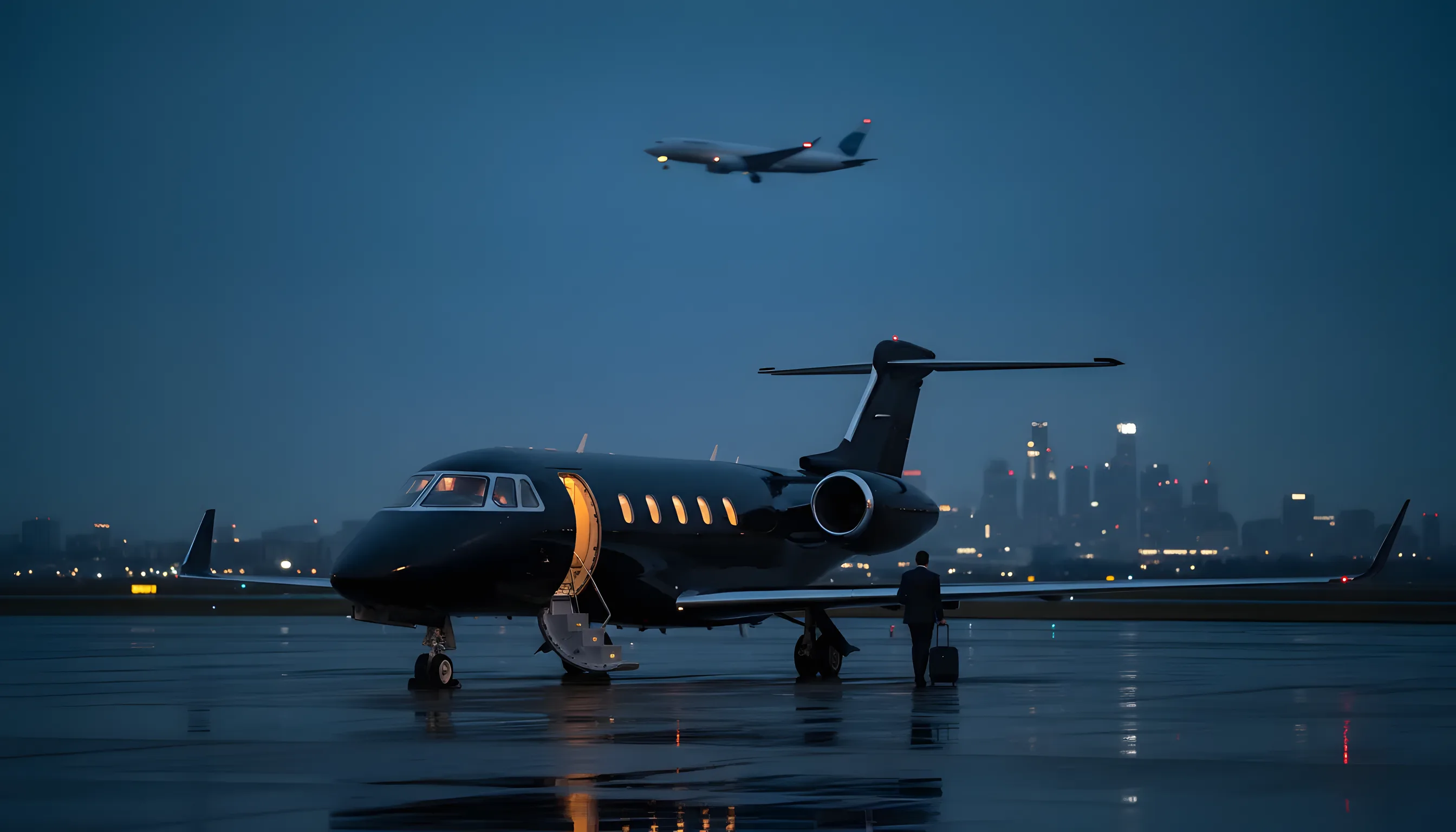 A private jet on the tarmac at dusk, with a commercial airliner taking off in the distance.