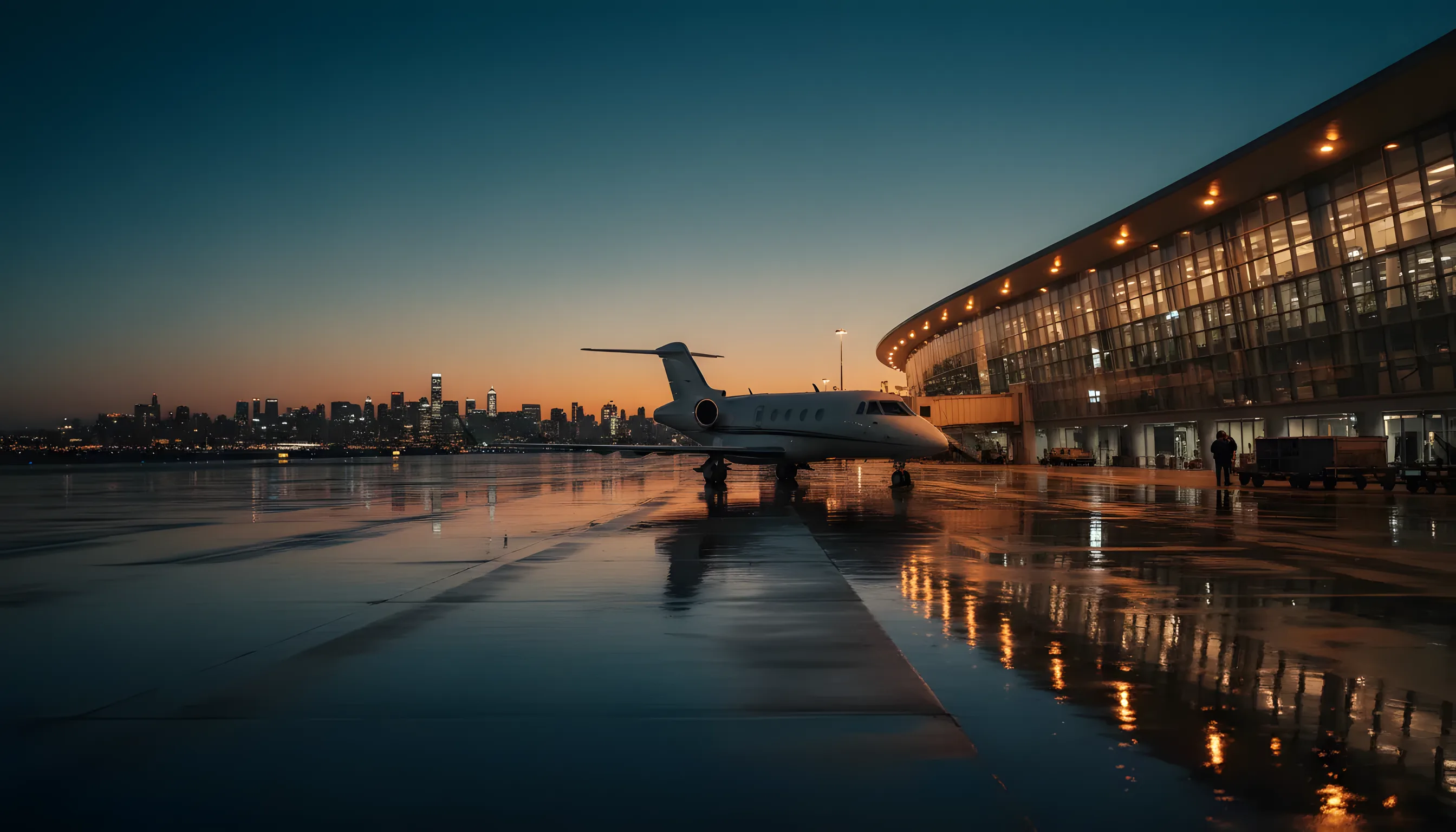 A private jet on an airport tarmac at dusk, with the lights of a modern city skyline in the background.