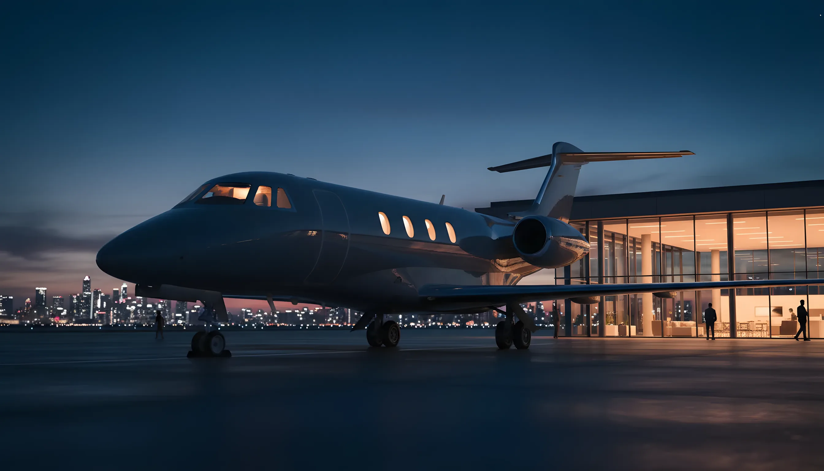 A private jet on an airport tarmac at dusk, with a city skyline in the background.