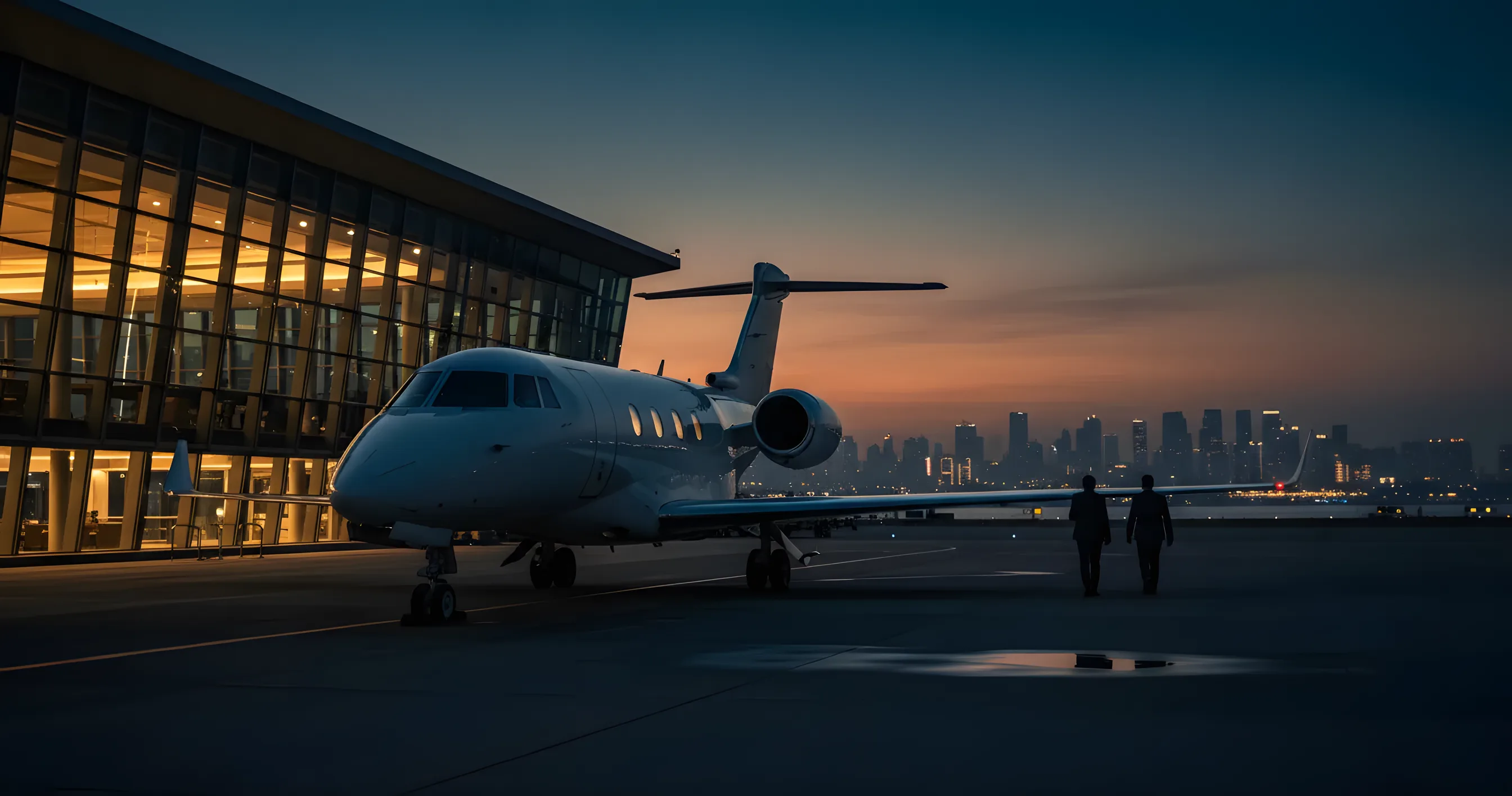 A private jet on an airport tarmac at dusk, with a modern terminal and a city skyline in the background.