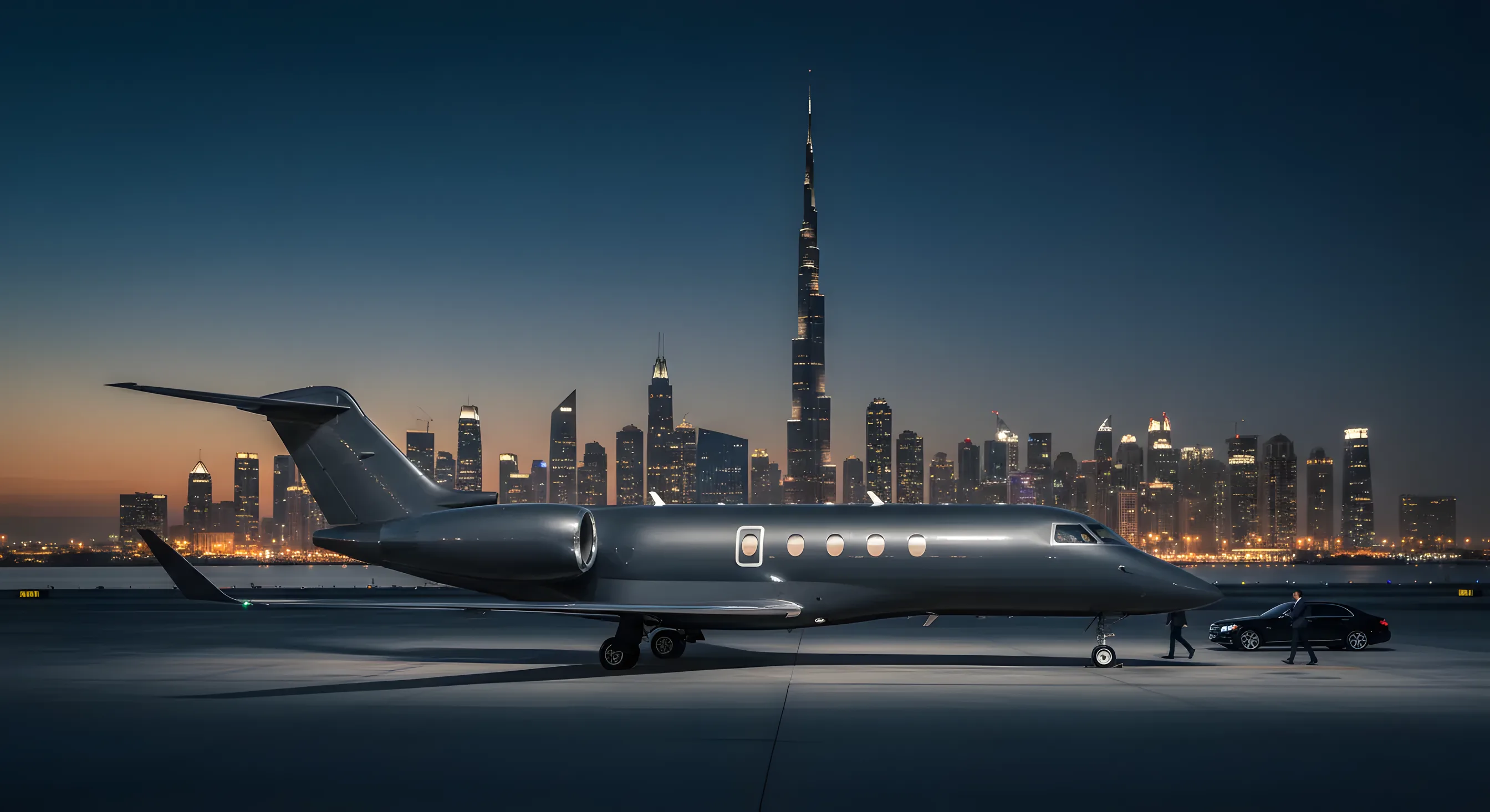 A private jet on an airfield at twilight with the Dubai skyline in the background.
