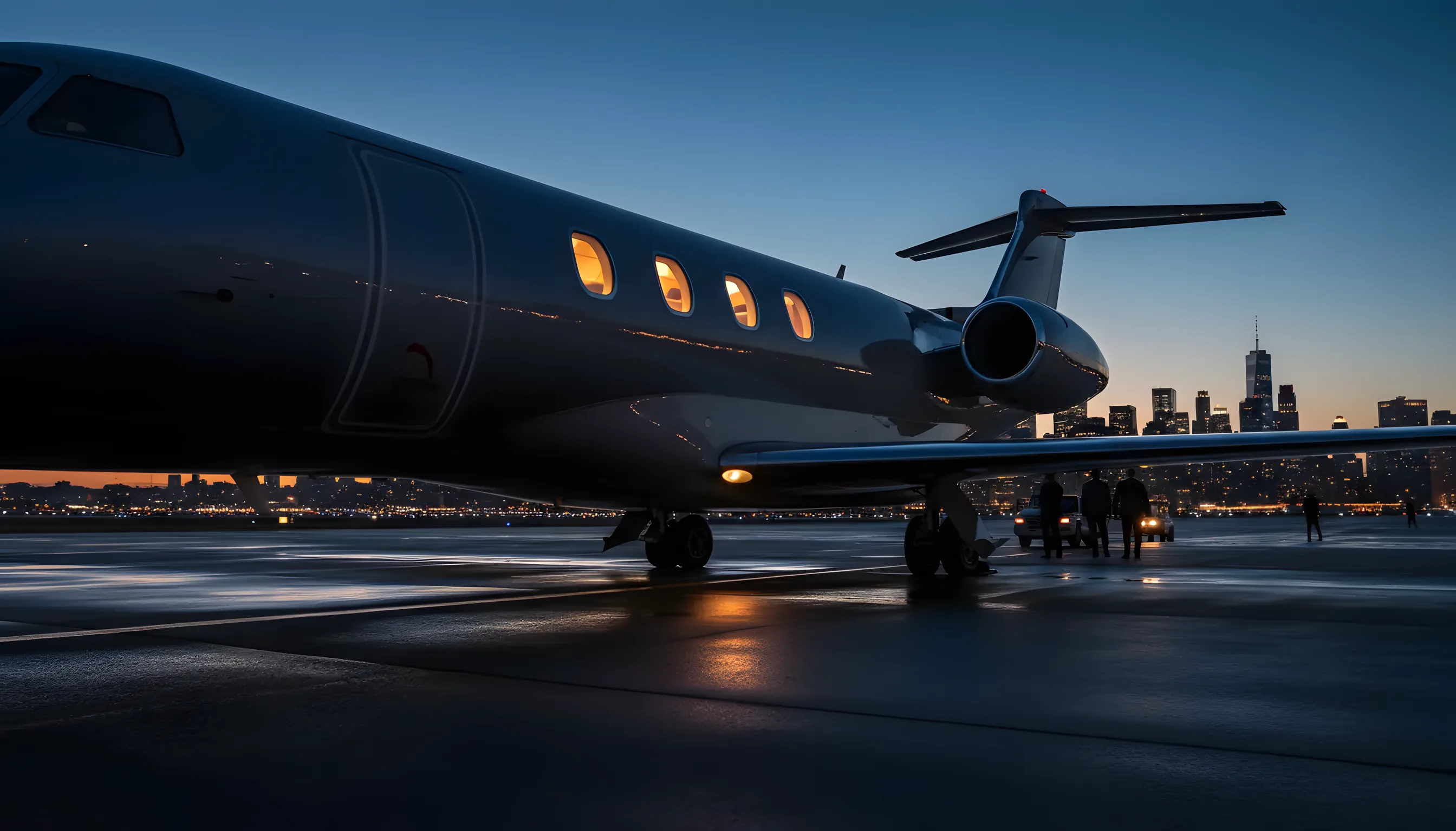 A private jet on an airfield at dusk with a city skyline in the background.