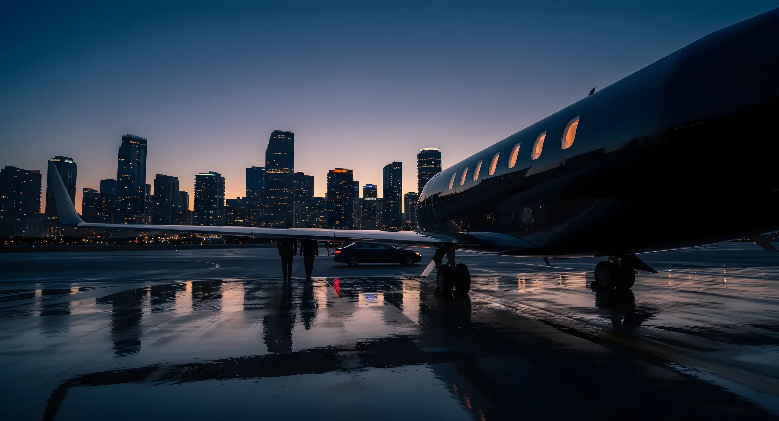 A private jet on an airport tarmac at dusk with a city skyline in the background.