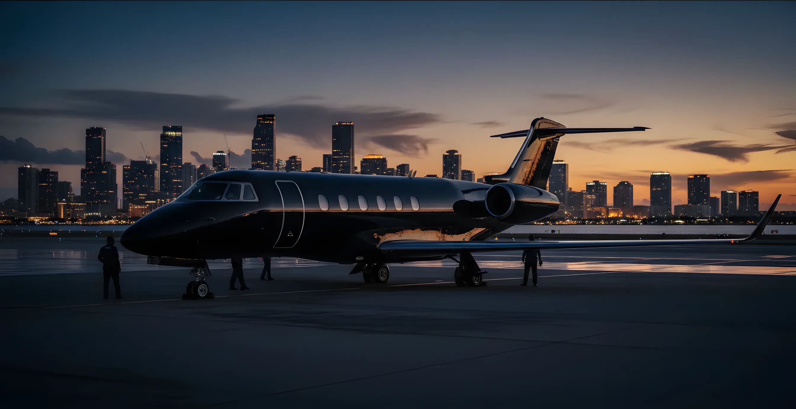 A private jet on an airport tarmac at dusk, with the Miami skyline glowing in the distance.