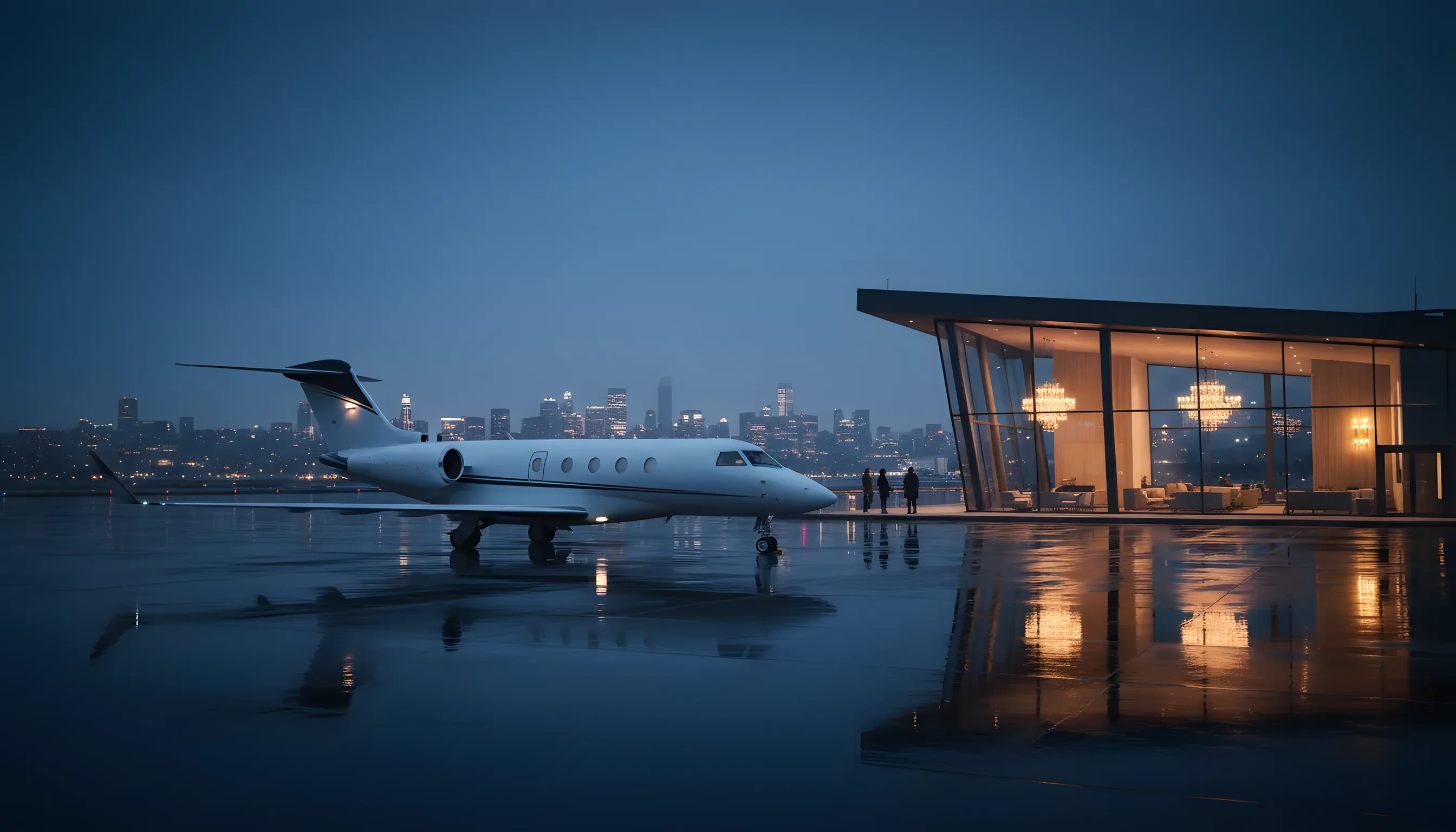 A private jet on the tarmac at dusk, with a modern terminal and a city skyline in the background.