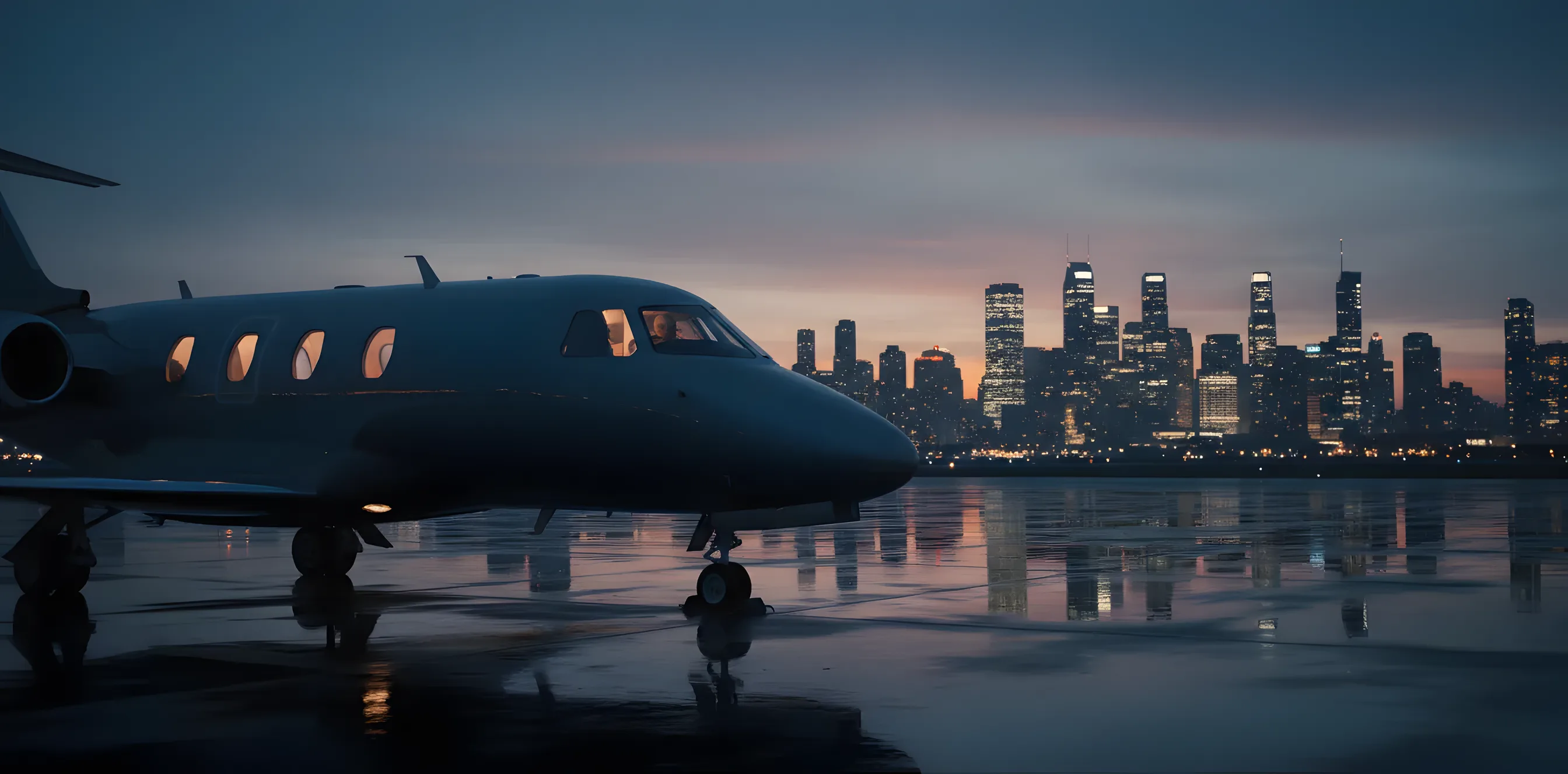 A private jet on an airport tarmac at dusk with a city skyline in the background.