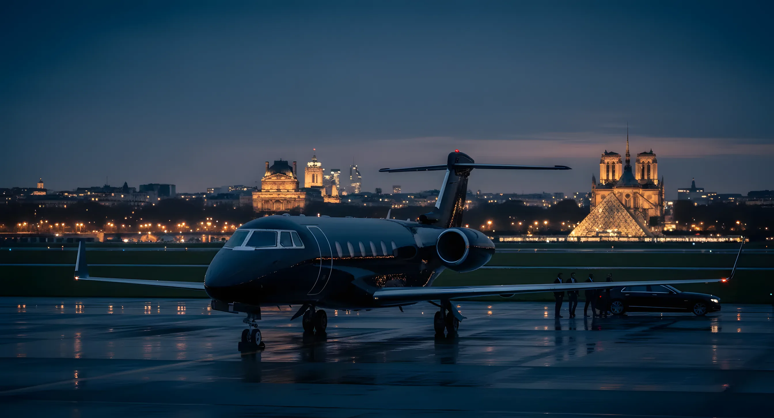 A private jet on an airfield at dusk with the lights of the Paris skyline in the background.