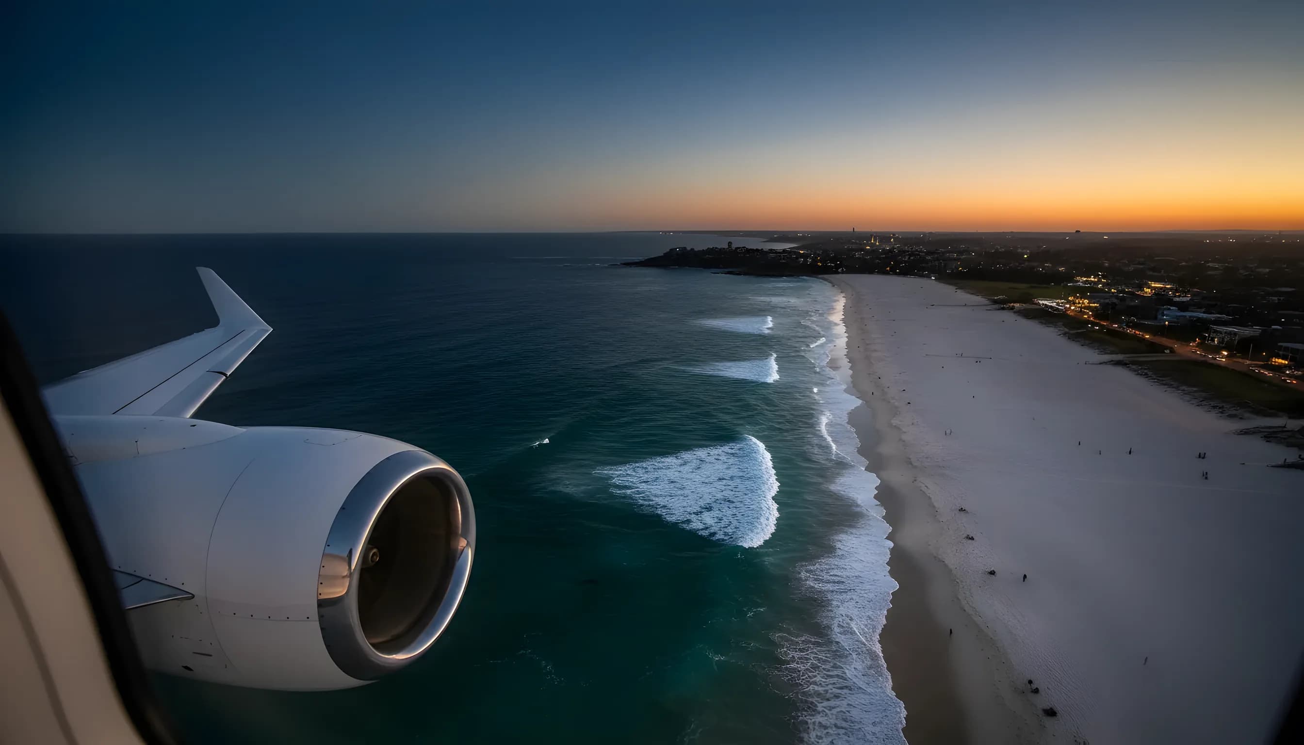 Aerial view of a Sydney beach from a private jet window, with the aircraft's wingtip in the foreground.