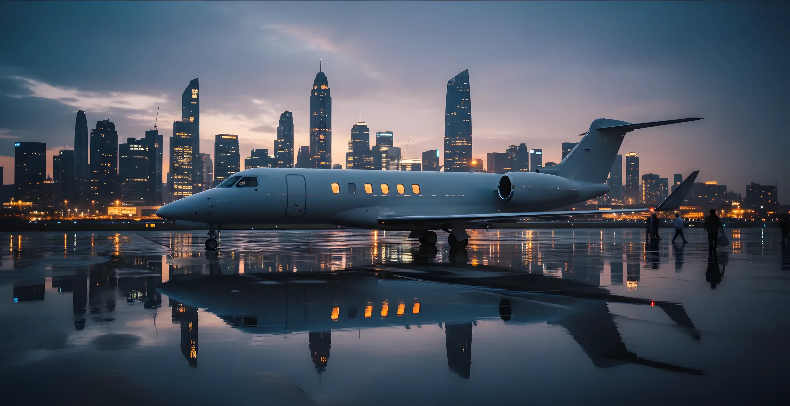 A private jet on a tarmac at dusk with a glowing city skyline in the background.