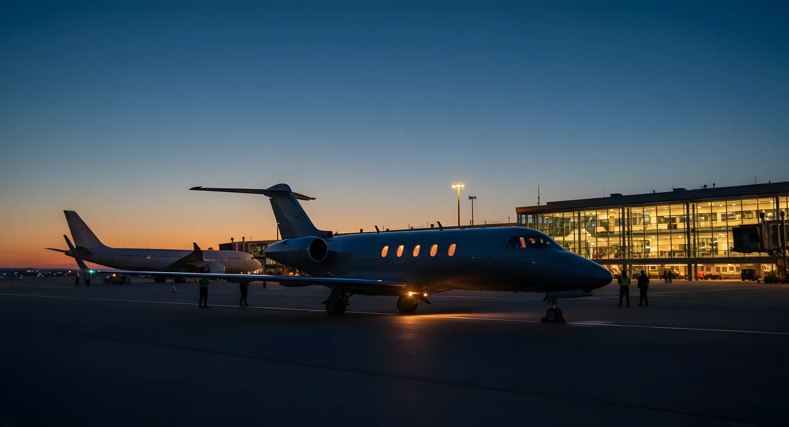 A private jet on an airfield at dusk, with a commercial airliner at a terminal in the background.