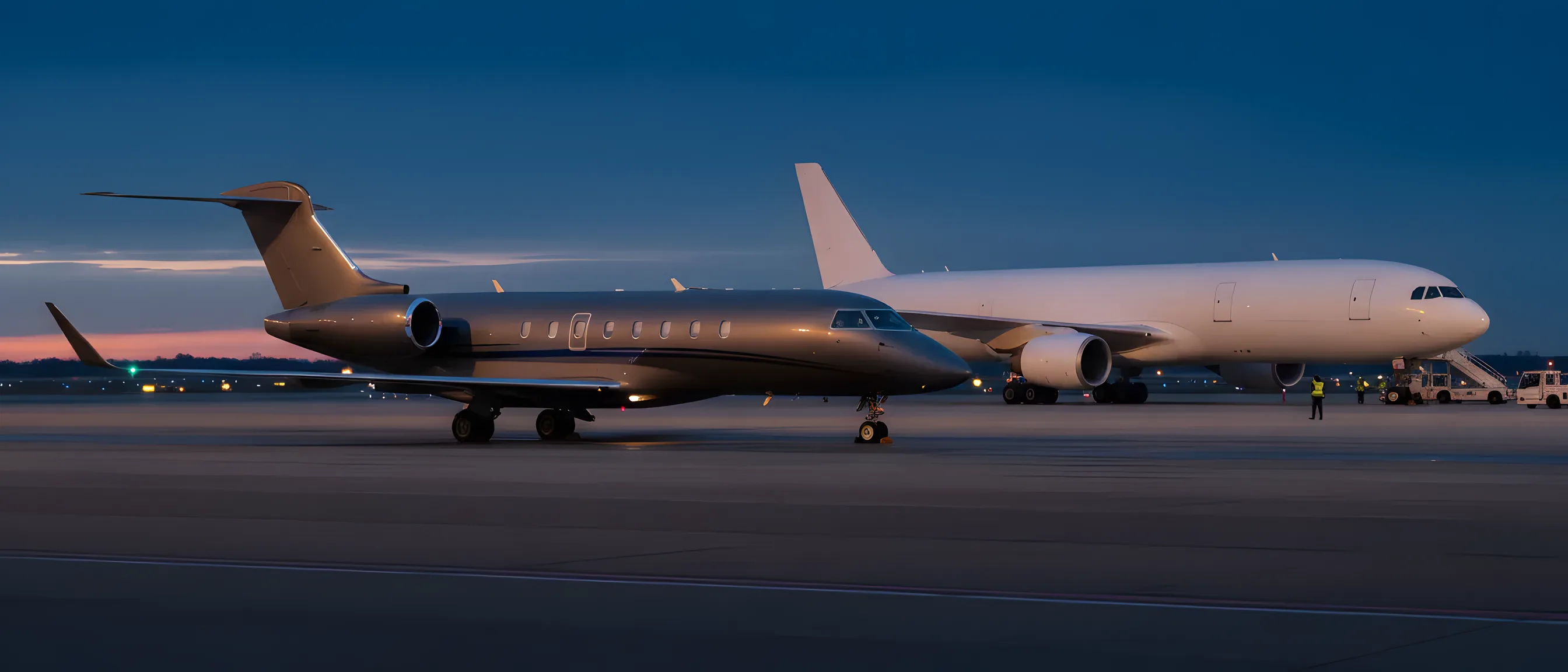 A business jet climbing away from a runway at dusk.