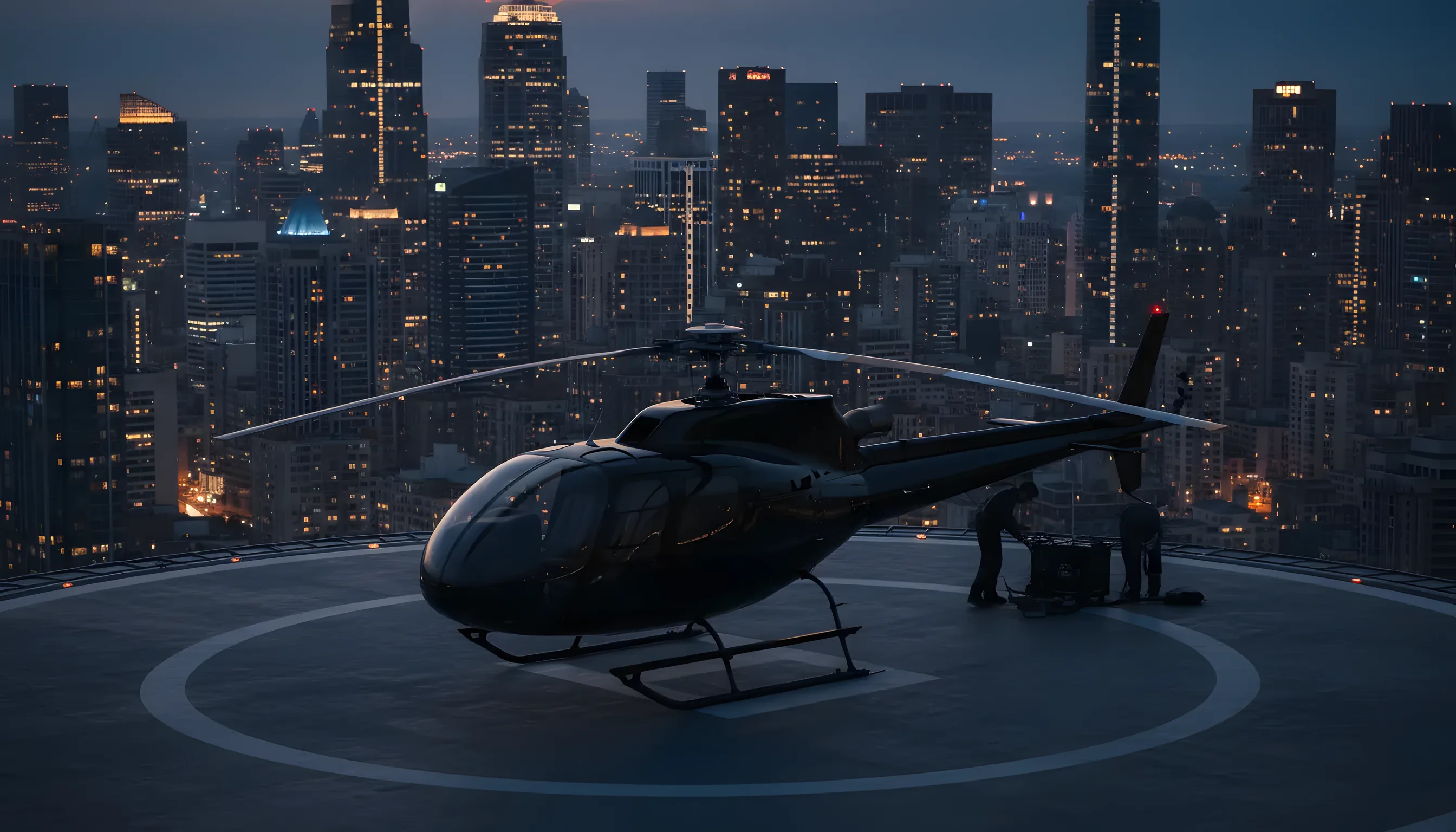 A helicopter on a hospital rooftop helipad at dusk, with a glowing city skyline in the background.