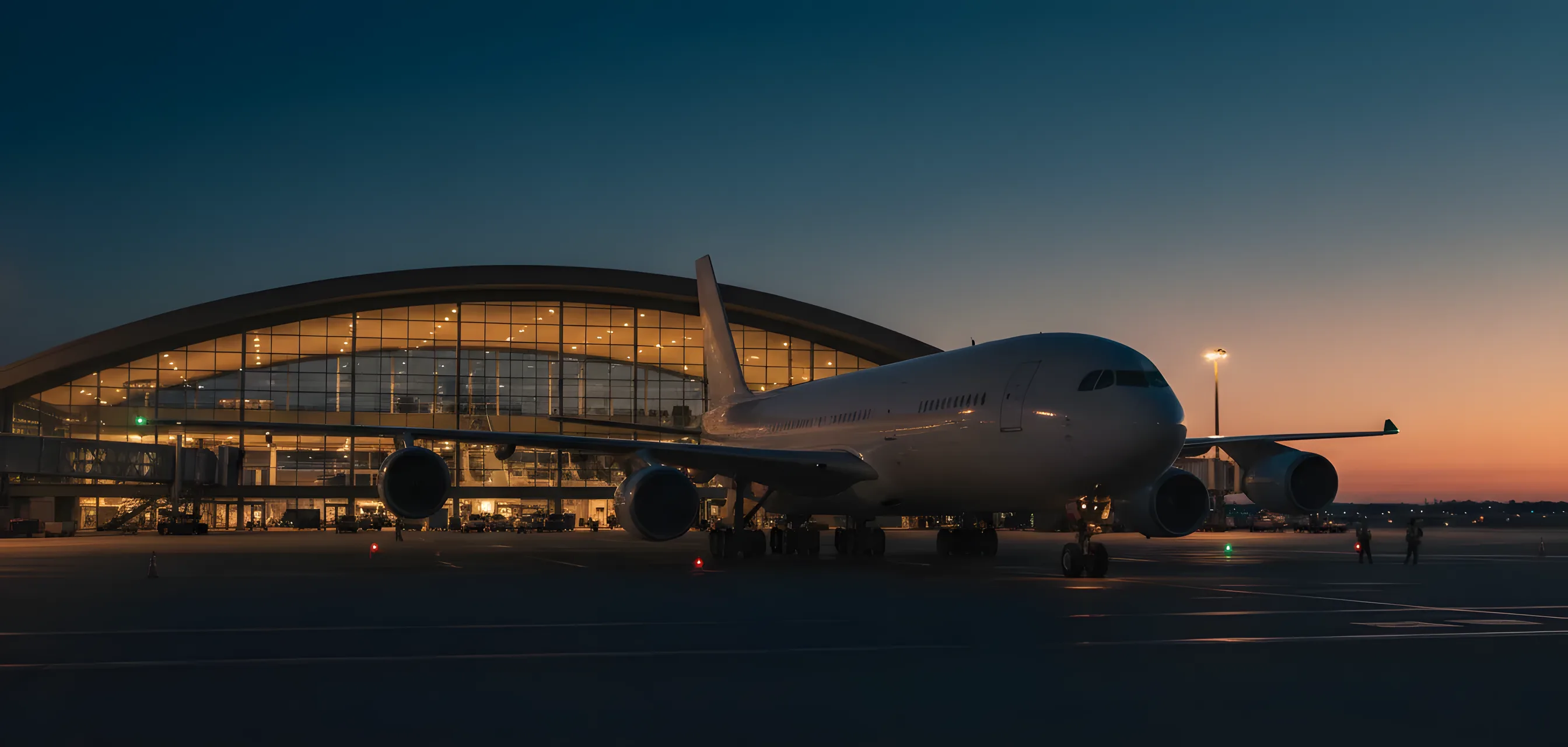 A large passenger airplane parked at an airport terminal gate at dusk.