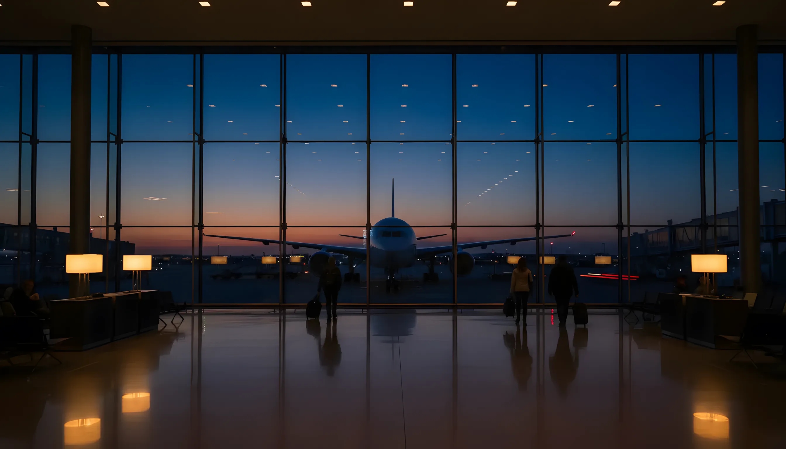 A modern airport terminal at dusk with a large passenger jet parked at the gate.