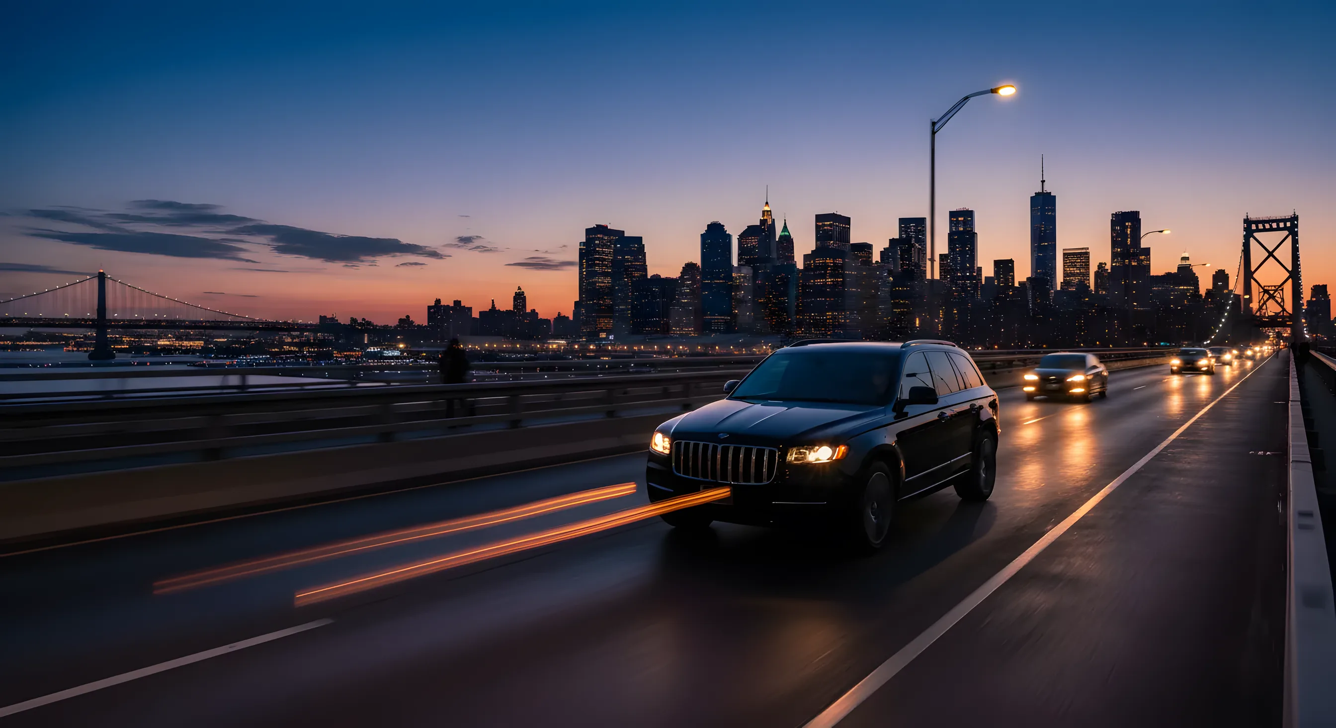 A black SUV travels on a highway at dusk, with the lights of an airport and a city skyline in the distance.