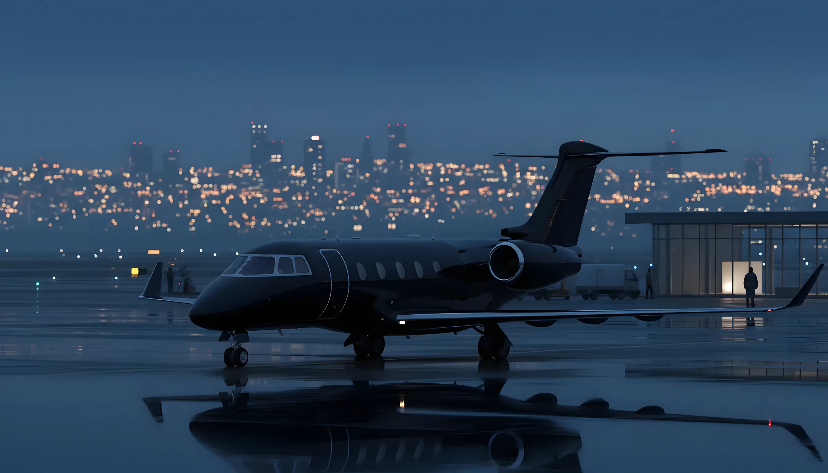 A private jet on an airport tarmac at dusk, with a city skyline glowing in the background.