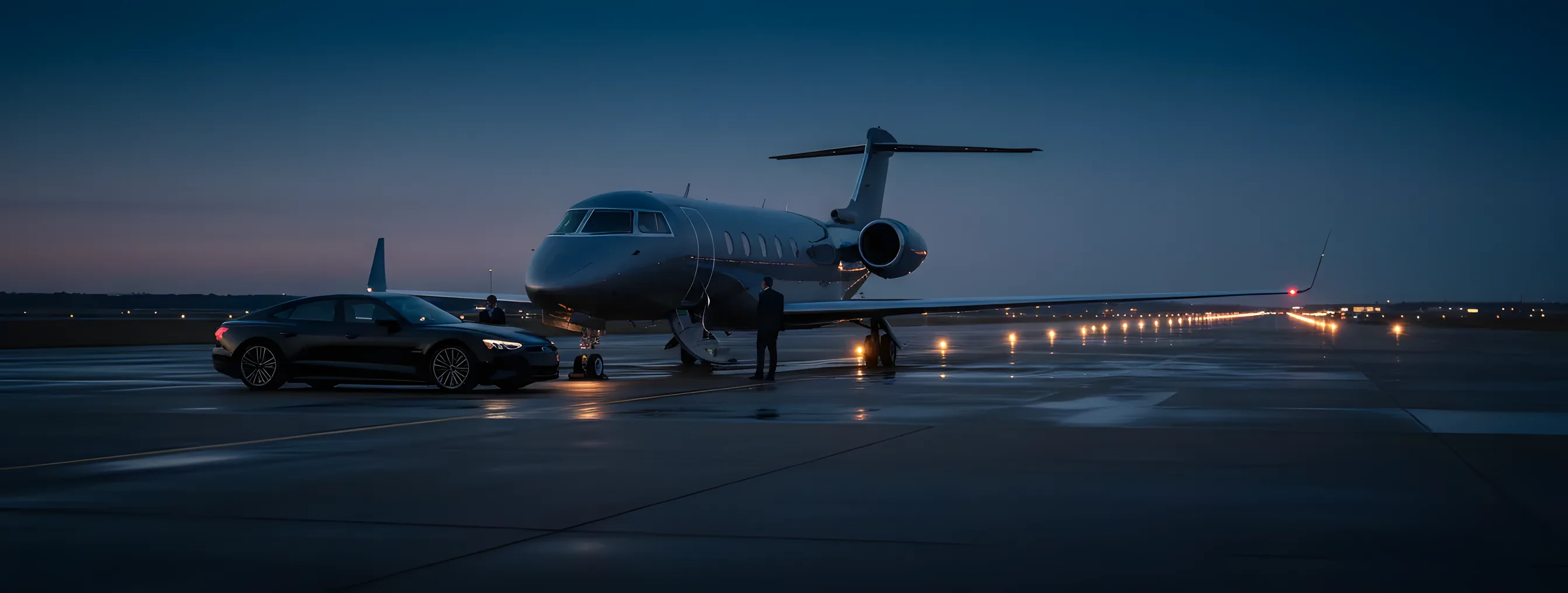 A private jet on an airport tarmac at dusk, with glowing lights and a dark blue sky.