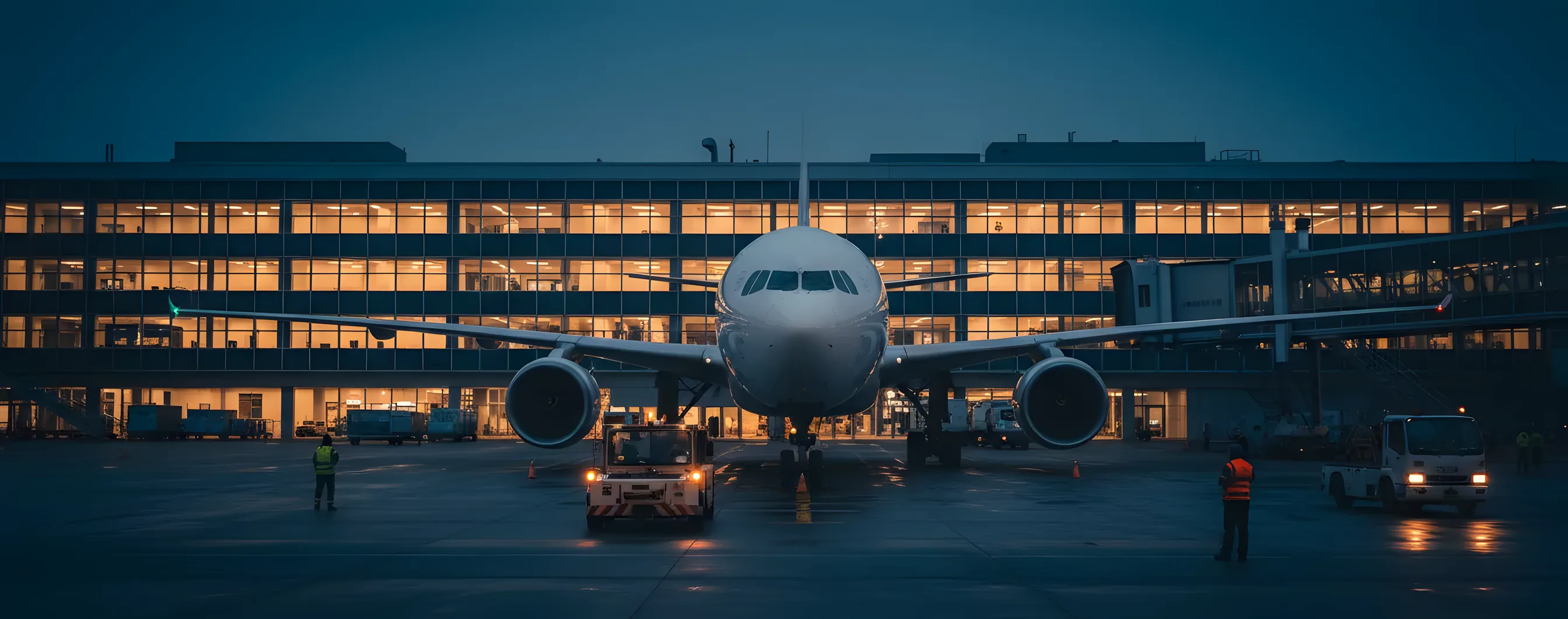 A large passenger airplane parked at an airport terminal gate at dusk.