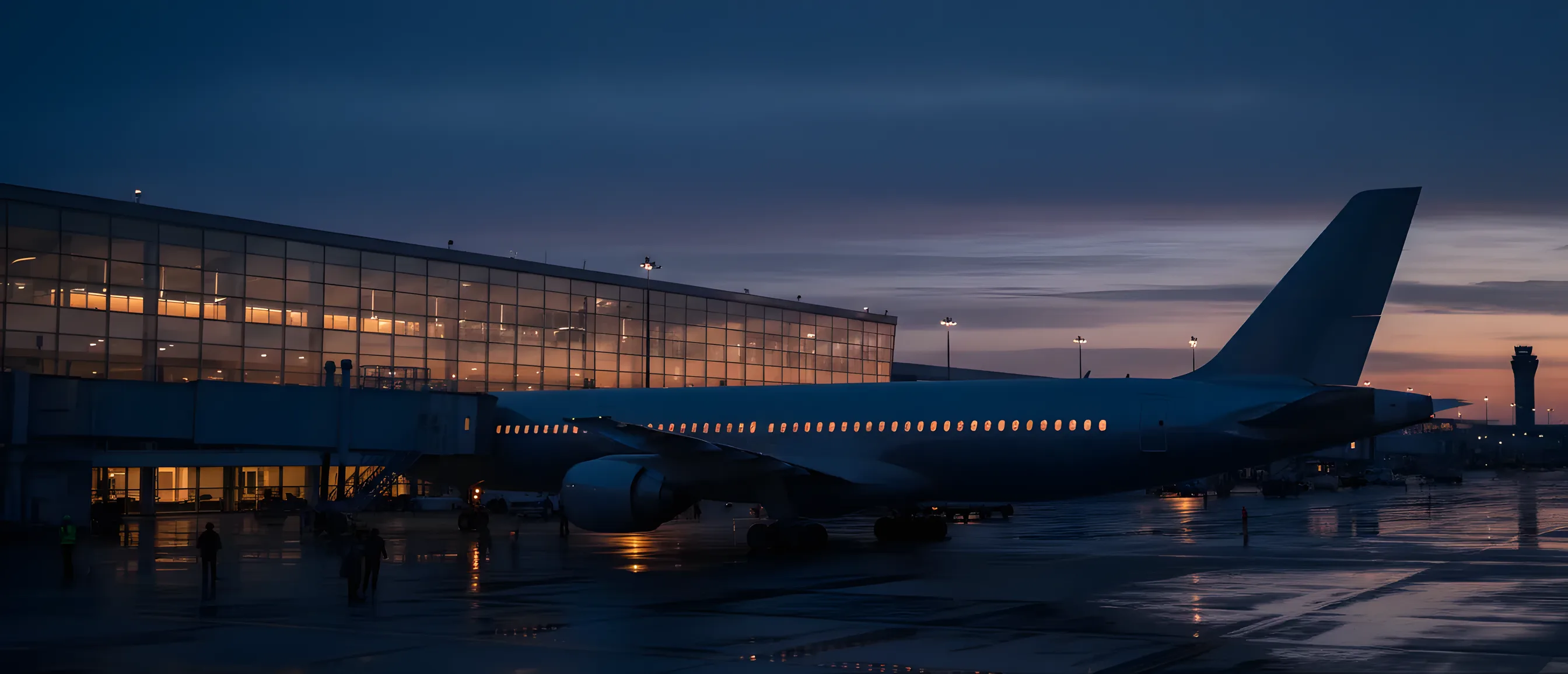 A large passenger jet at a modern airport terminal gate at dusk, with warm interior lights glowing against the twilight sky.
