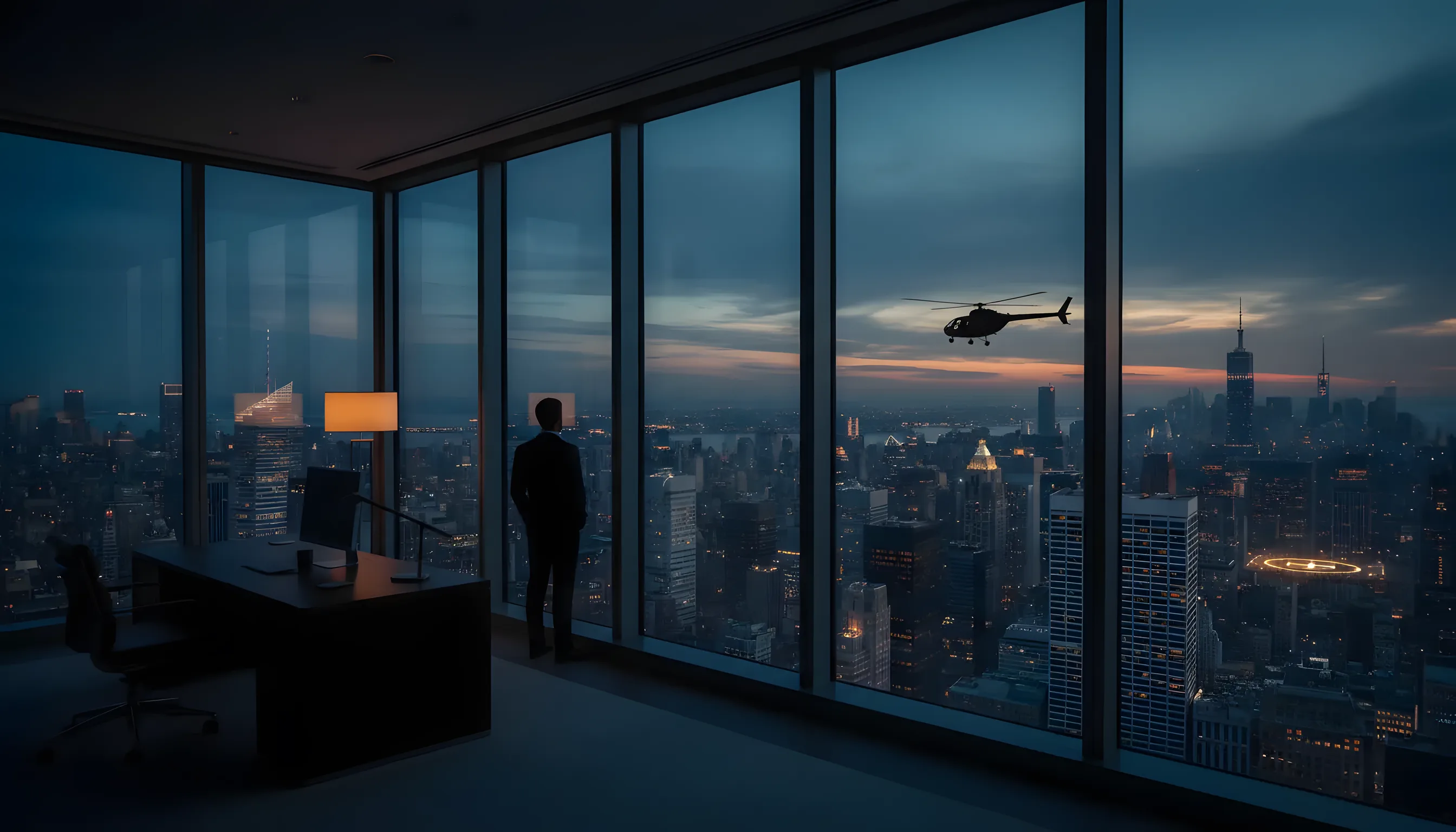 A helicopter flies over a city skyline with glowing lights at dusk, viewed from a high-rise window.
