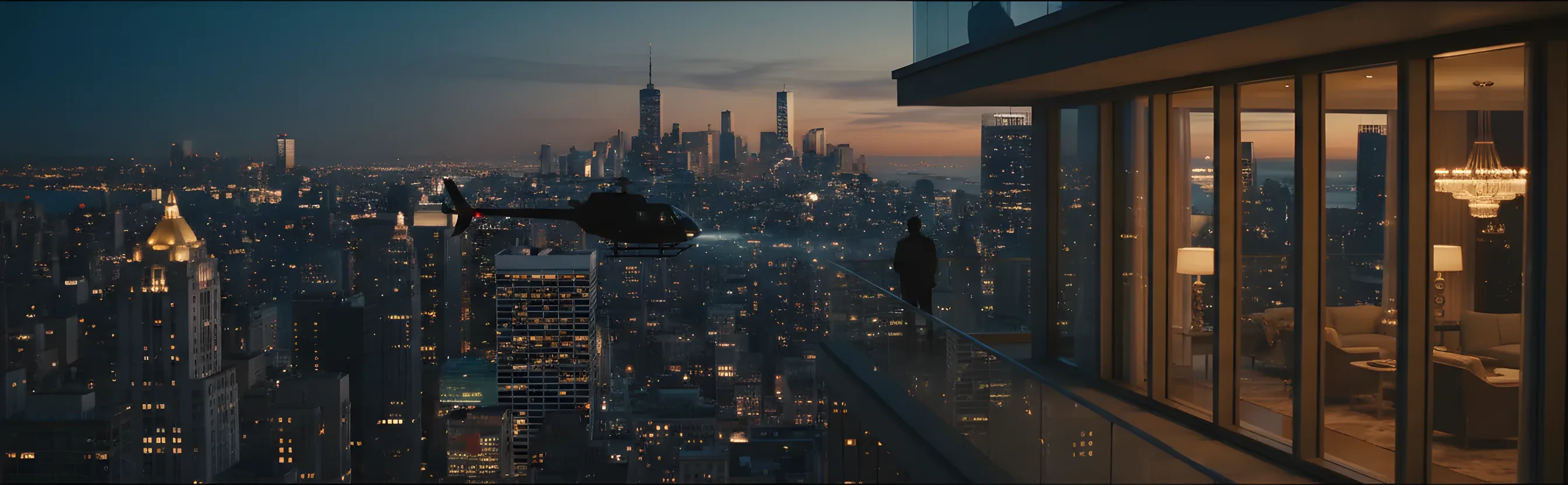 A helicopter flies over the Manhattan skyline at dusk, heading towards the Hamptons.