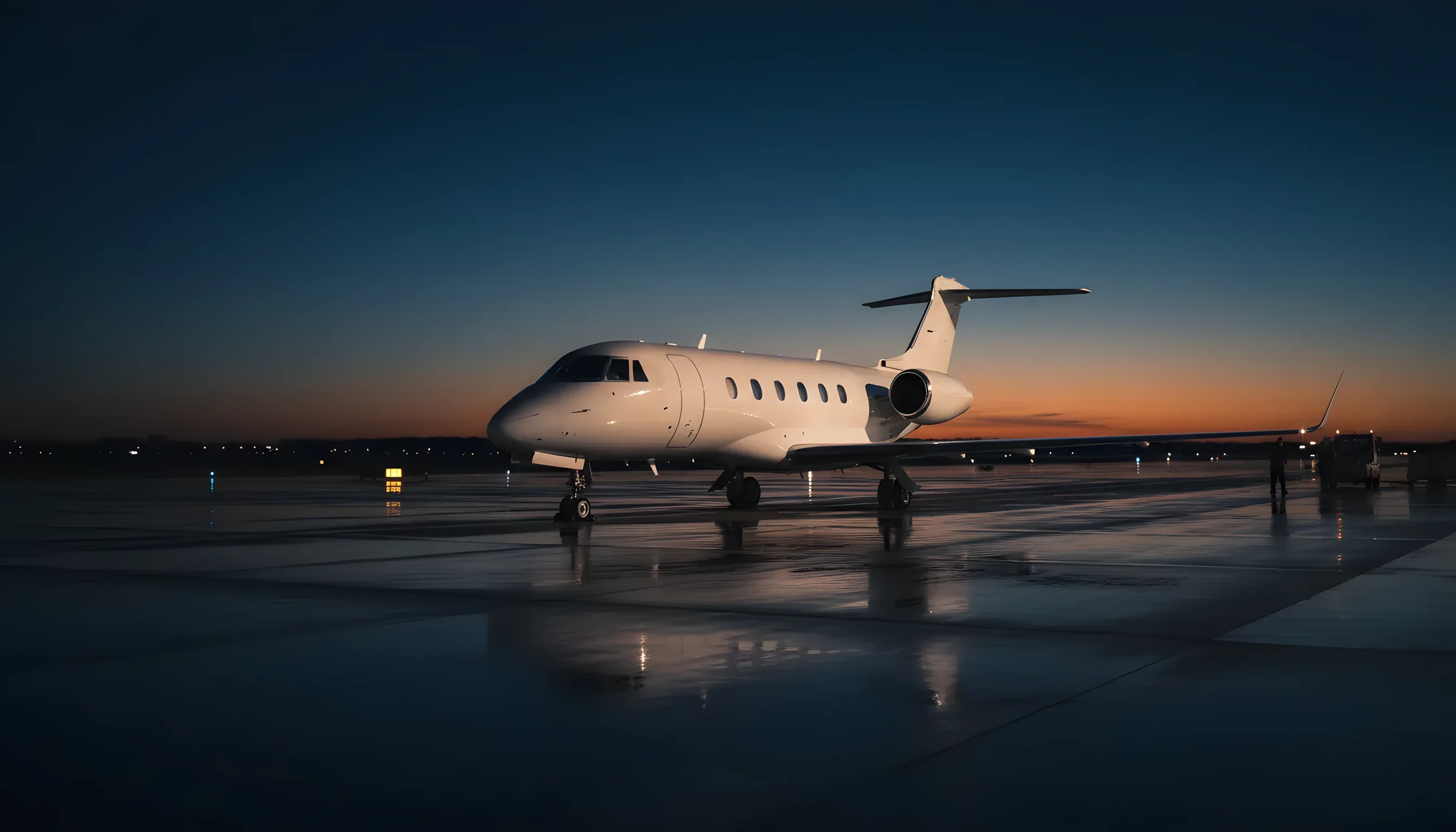 A sleek private jet on an empty airport tarmac, illuminated by the golden light of sunrise.