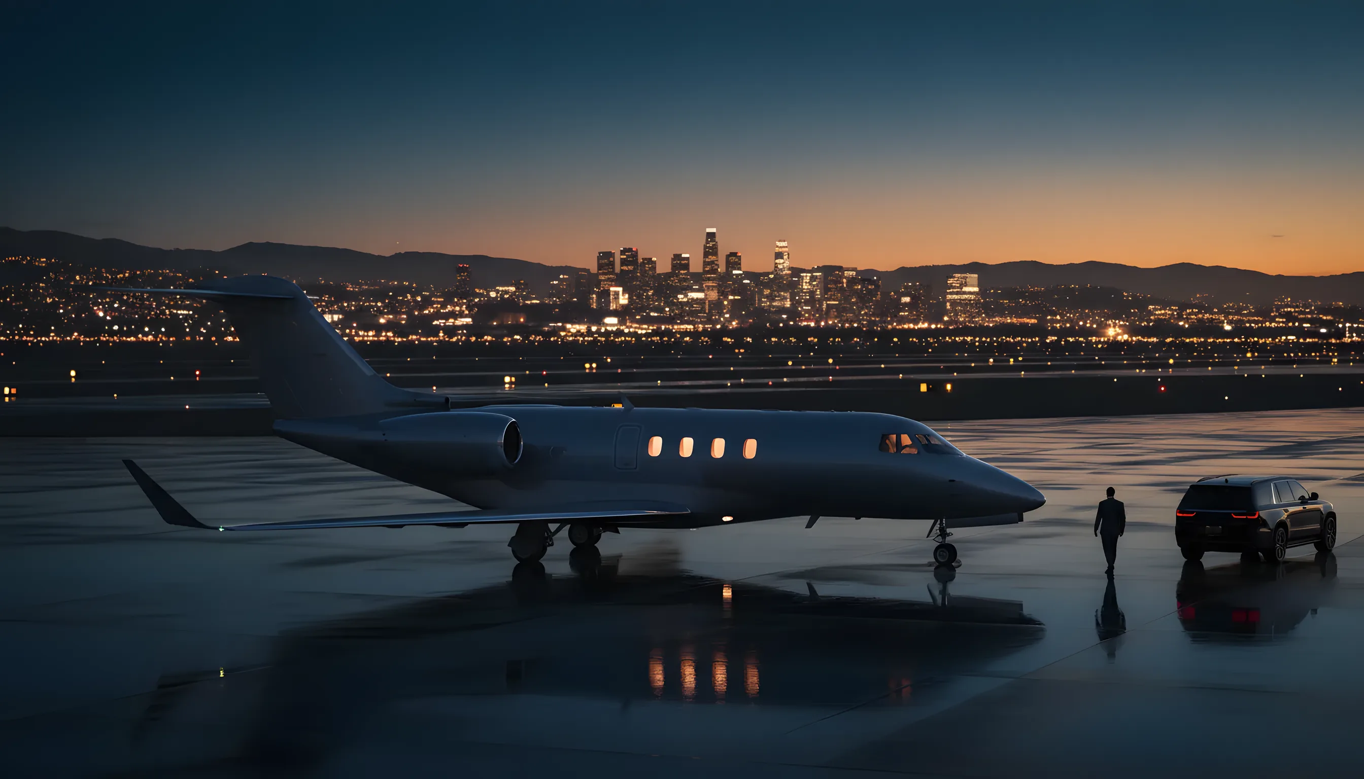 A private jet on an airfield at dusk, with the lights of a city skyline in the distance.