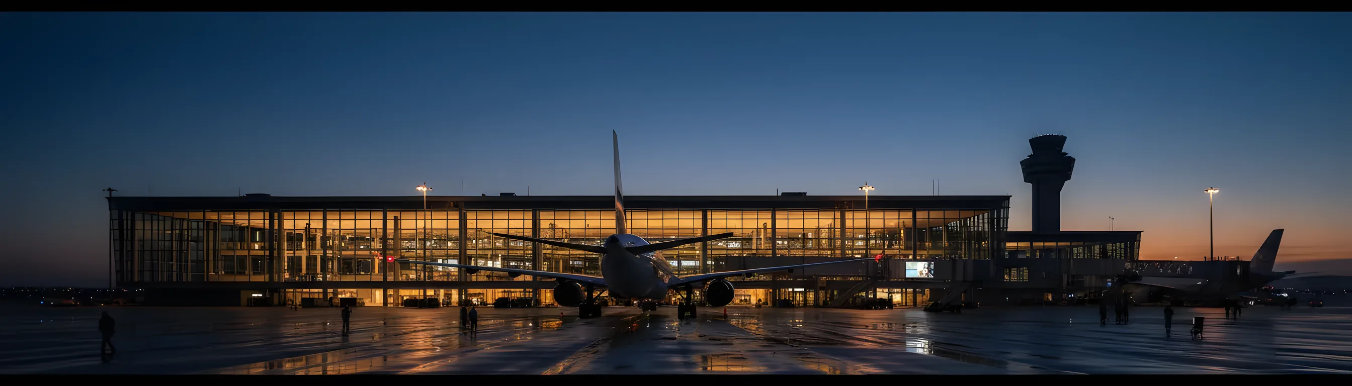 A modern airport terminal at dusk with a large passenger jet parked at the gate.