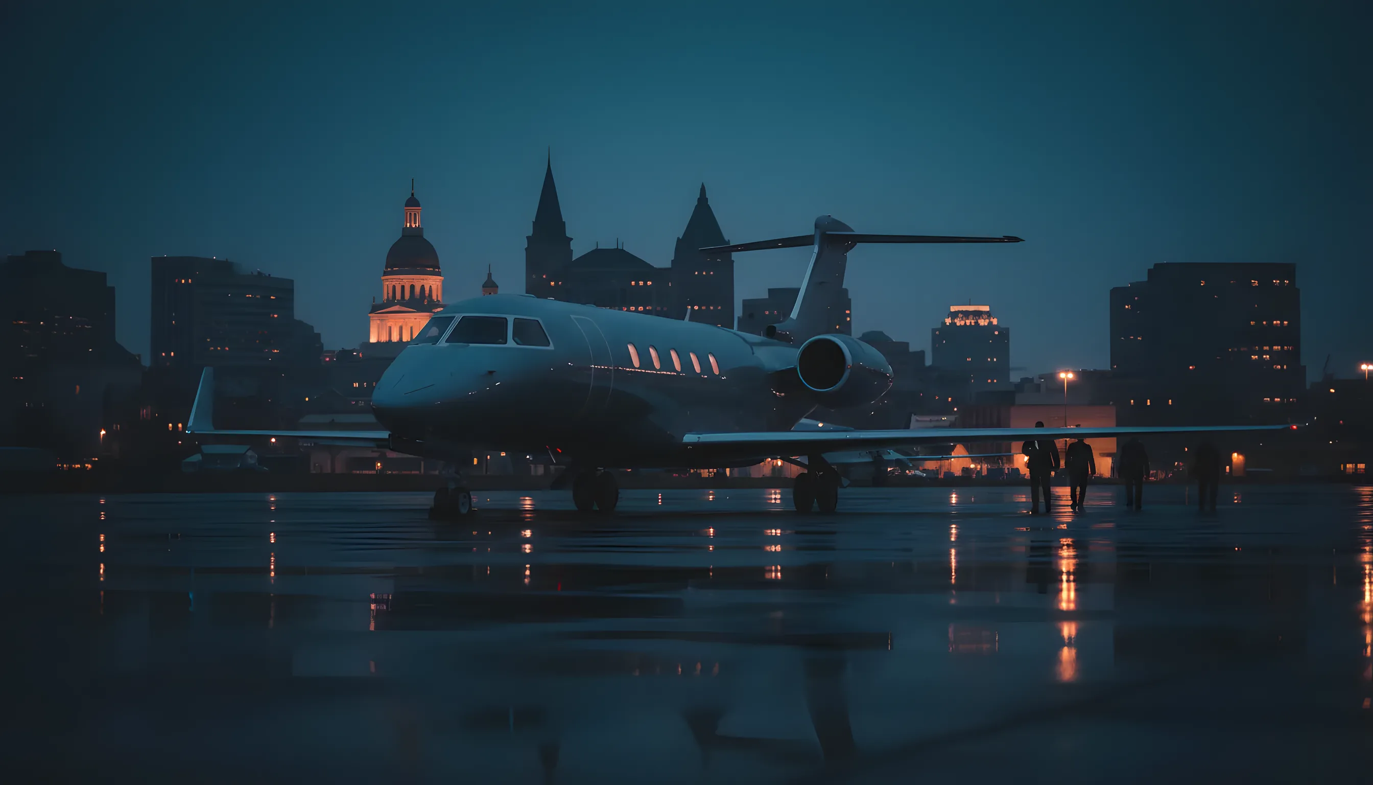 A private jet on an airport tarmac at dusk, with the Savannah city skyline in the background.