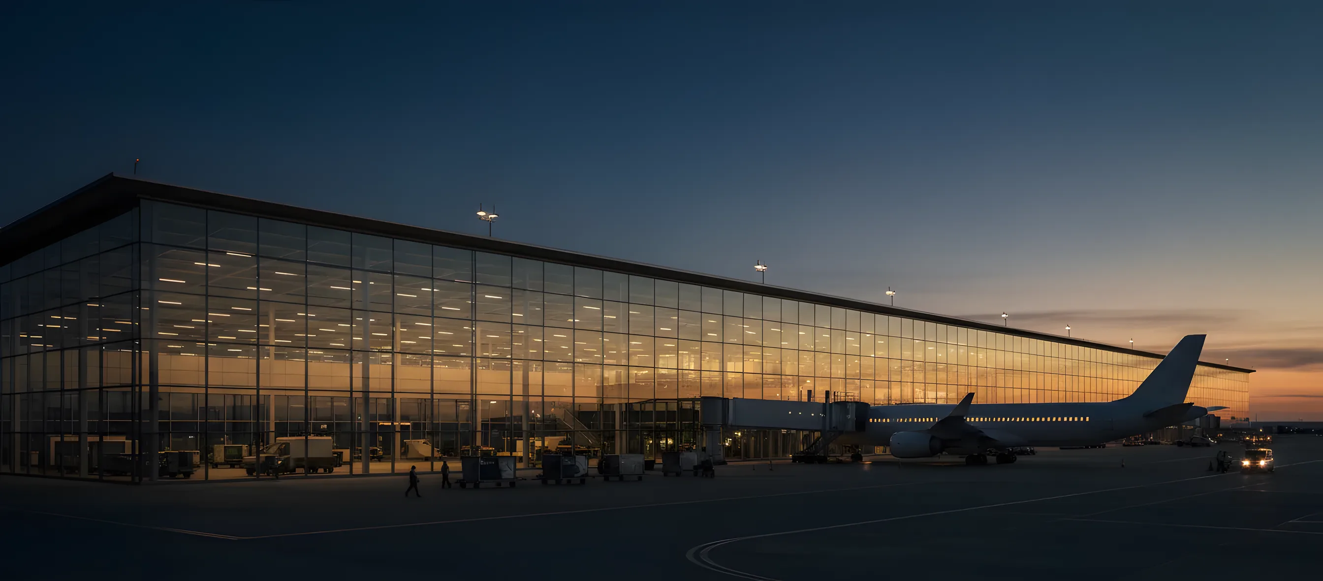 A modern airport terminal and a passenger jet at a gate during twilight.