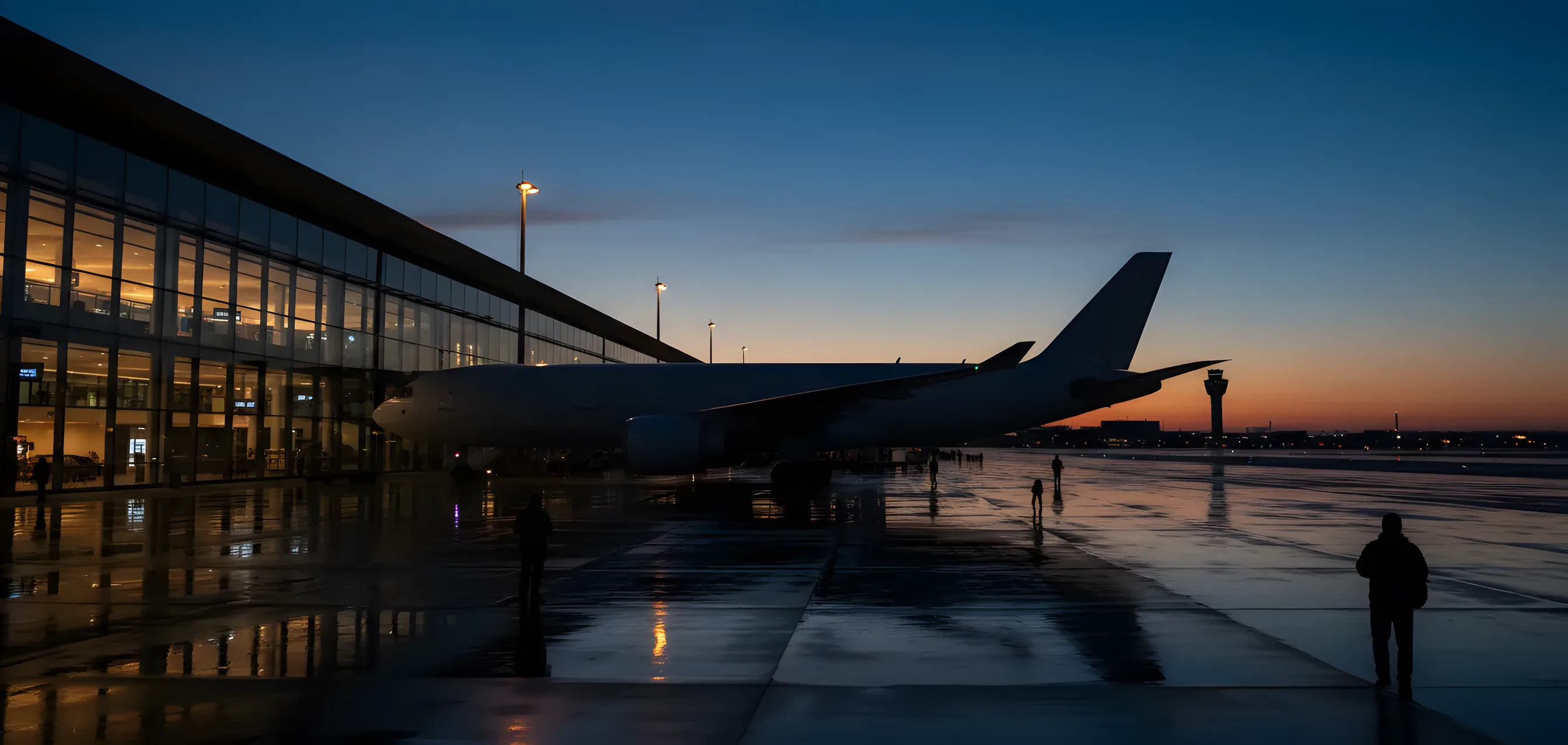 A large passenger airplane at a modern airport terminal gate during twilight.